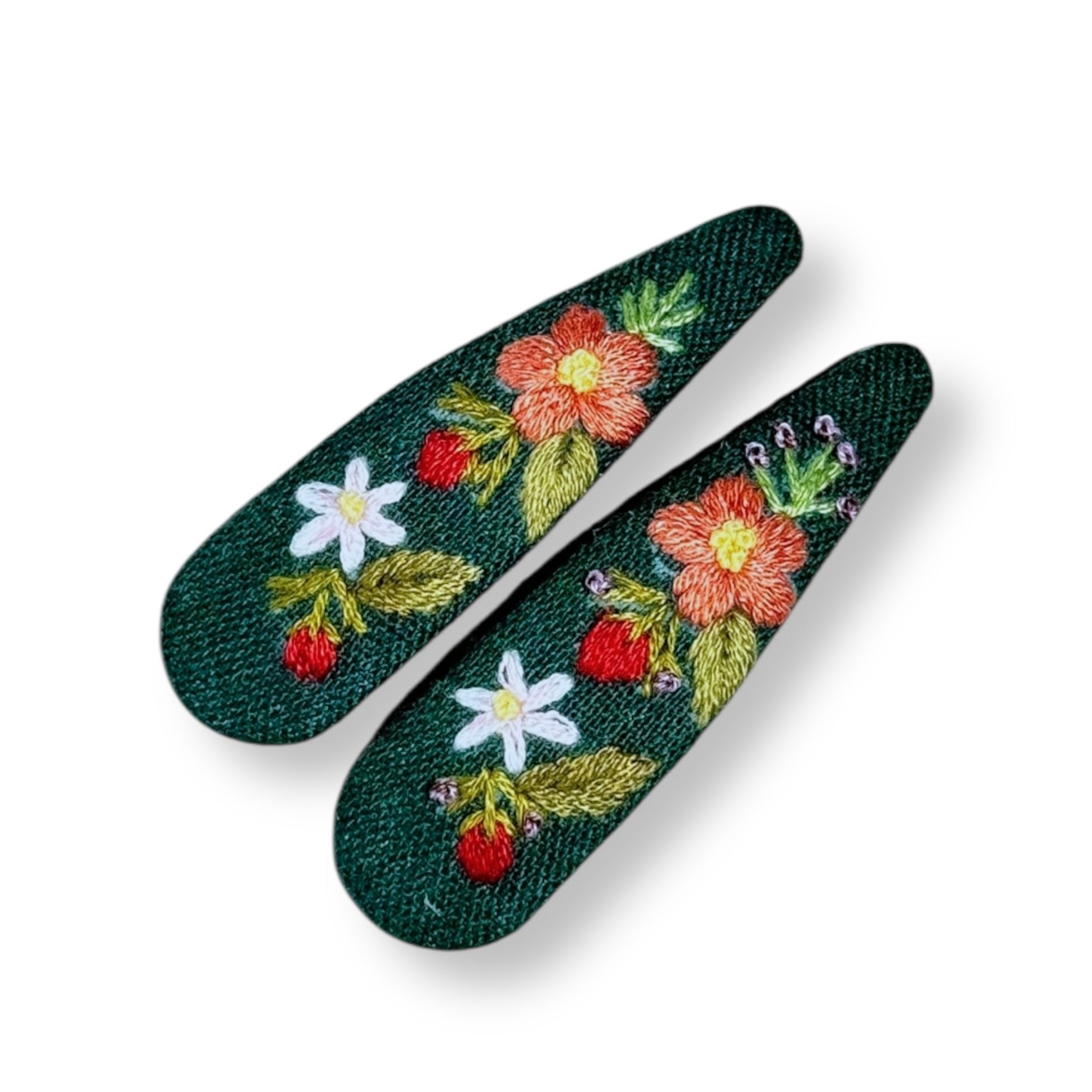 Floral Emerald Hand Embroidered Hair Clips