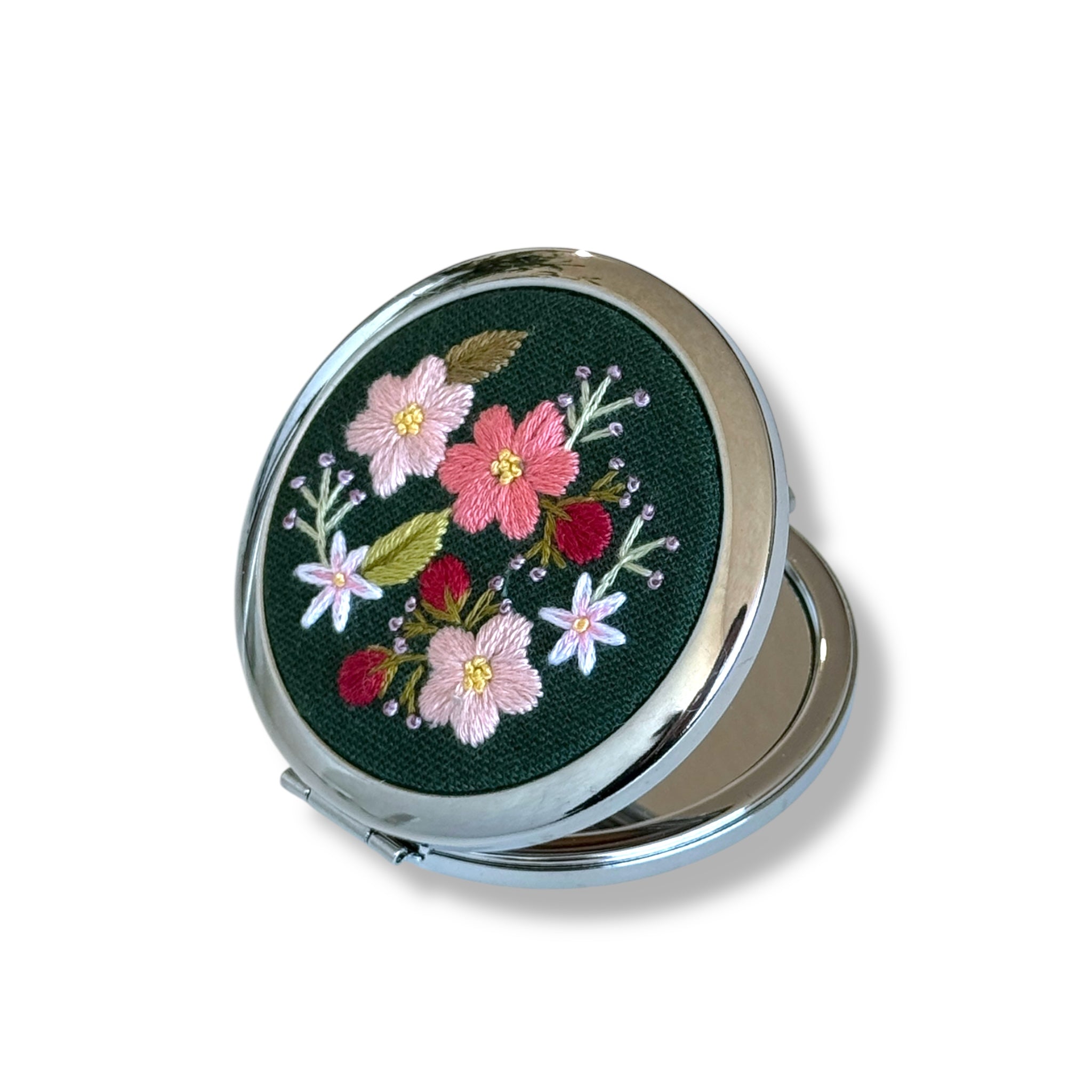 Emerald Bloom Hand Embroidery Compact Mirror