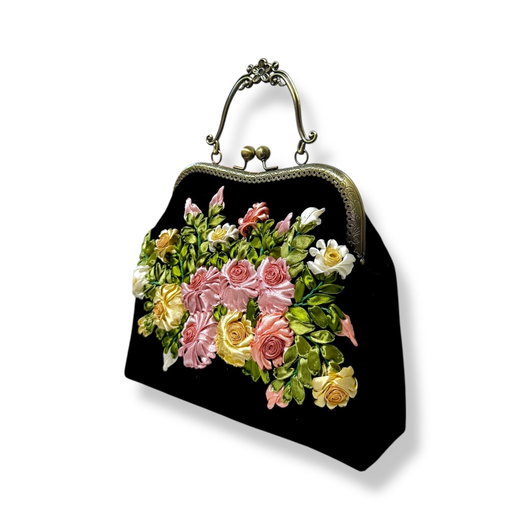 Pink Roses Bouquet Velvet Ribbon Embroidery Clutch Velvet Bag