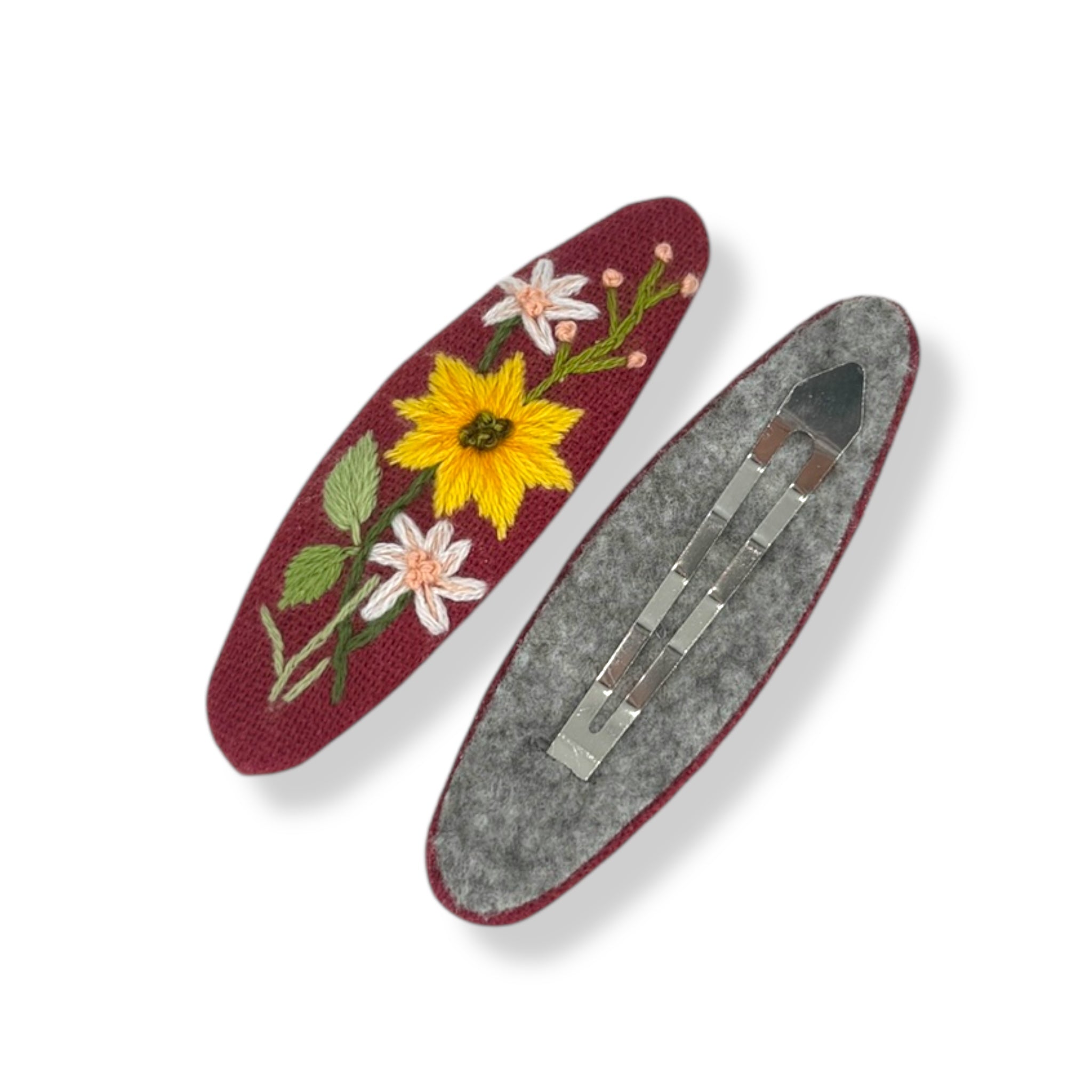 Back and front view of floral embroidered maroon hair clips with secure snap clip, ideal flower girl proposal gift or stylish gift for her.