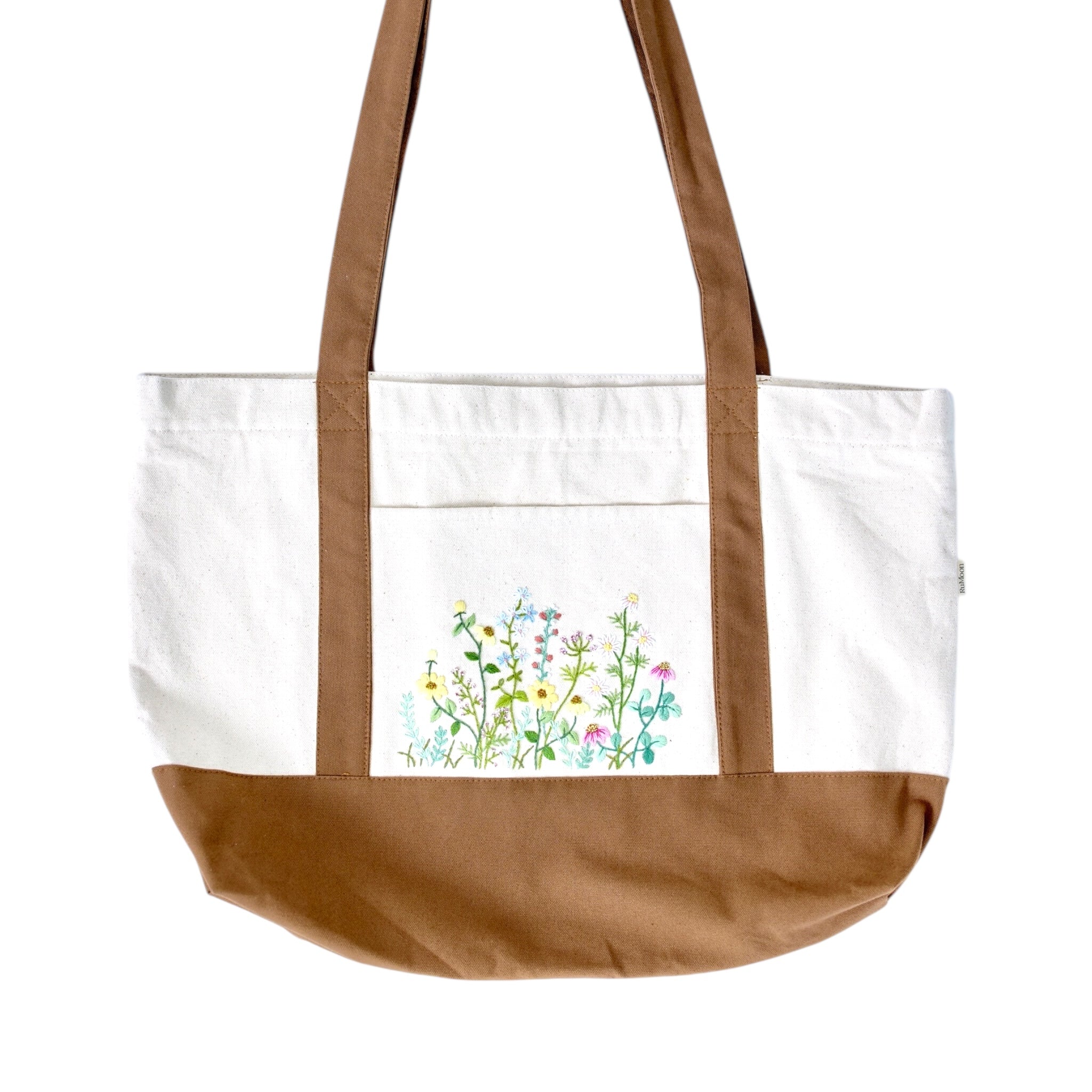 Brown Floral Middle Pocket Embroidery Tote Bag