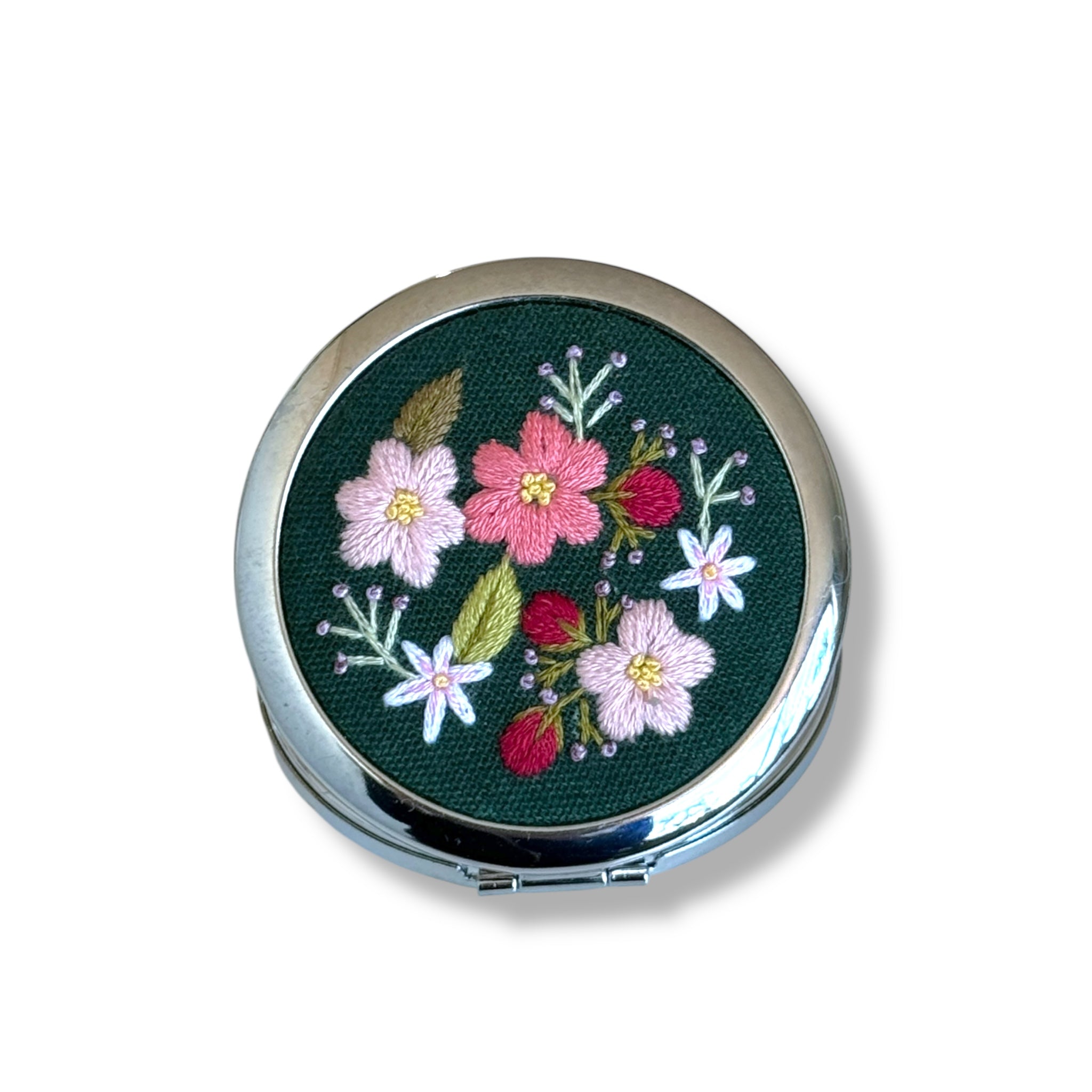 Emerald Bloom Hand Embroidery Compact Mirror