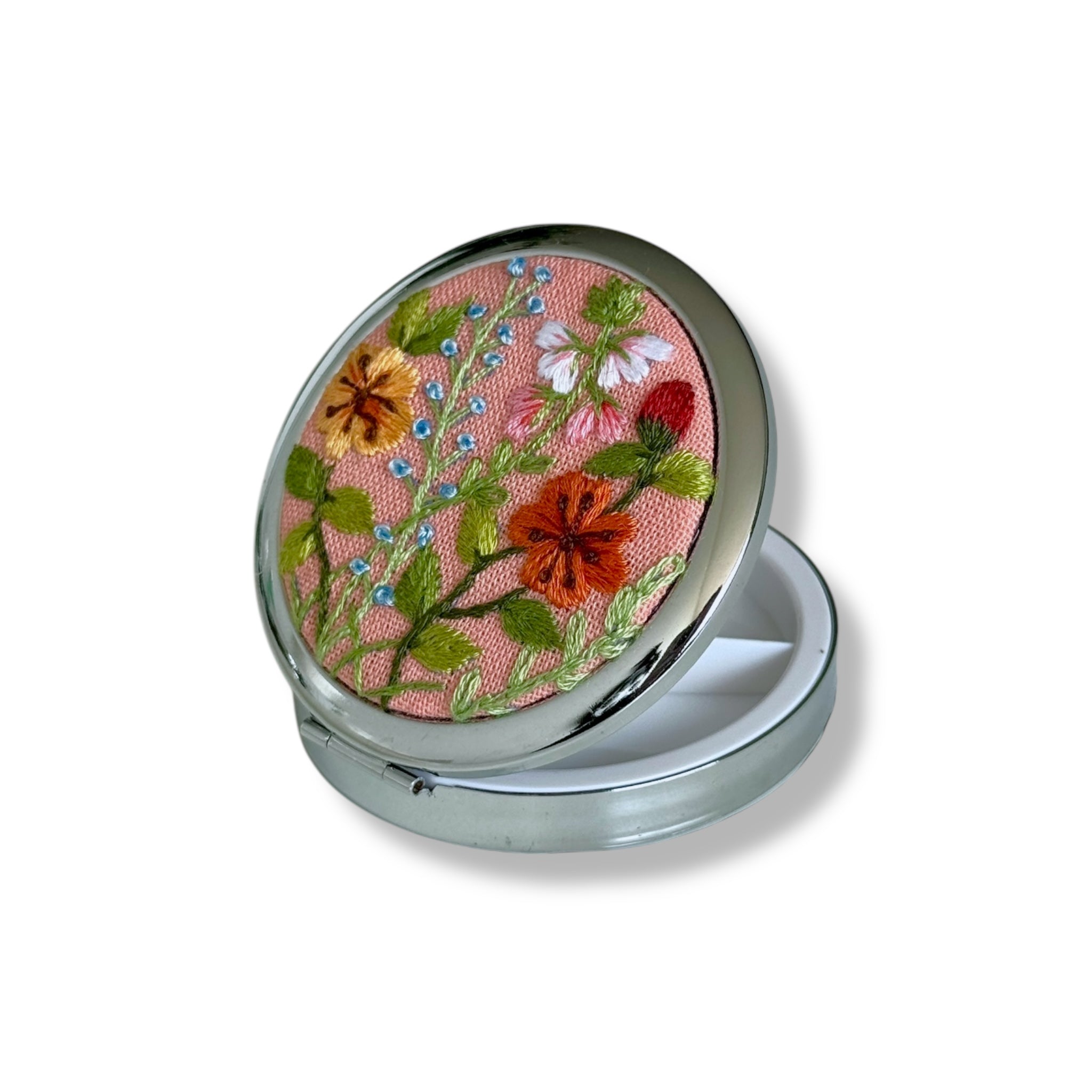 Pinky Floral Hand Embroidery Compact Container