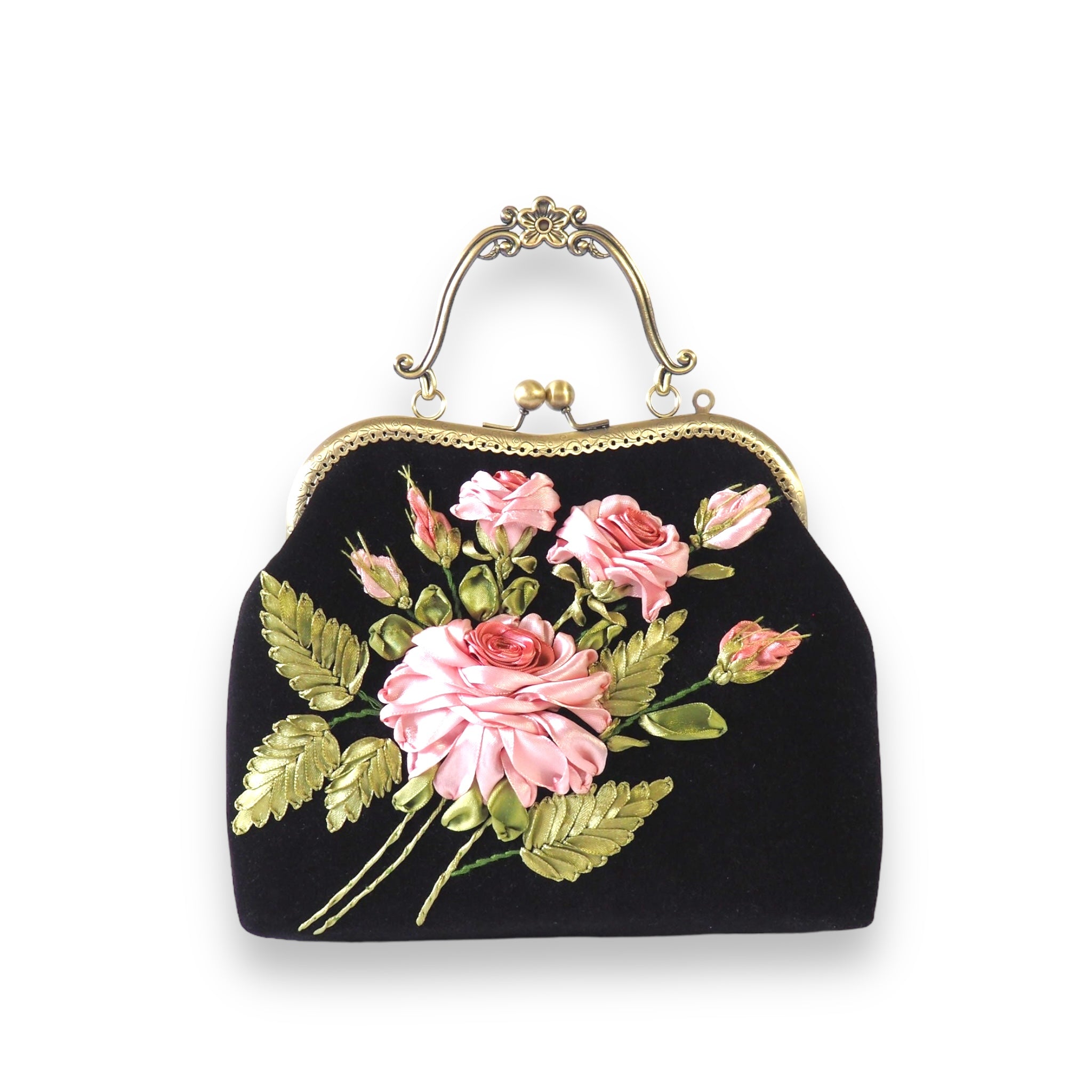 Pink Rose Velvet Embroidered Clutch Bag