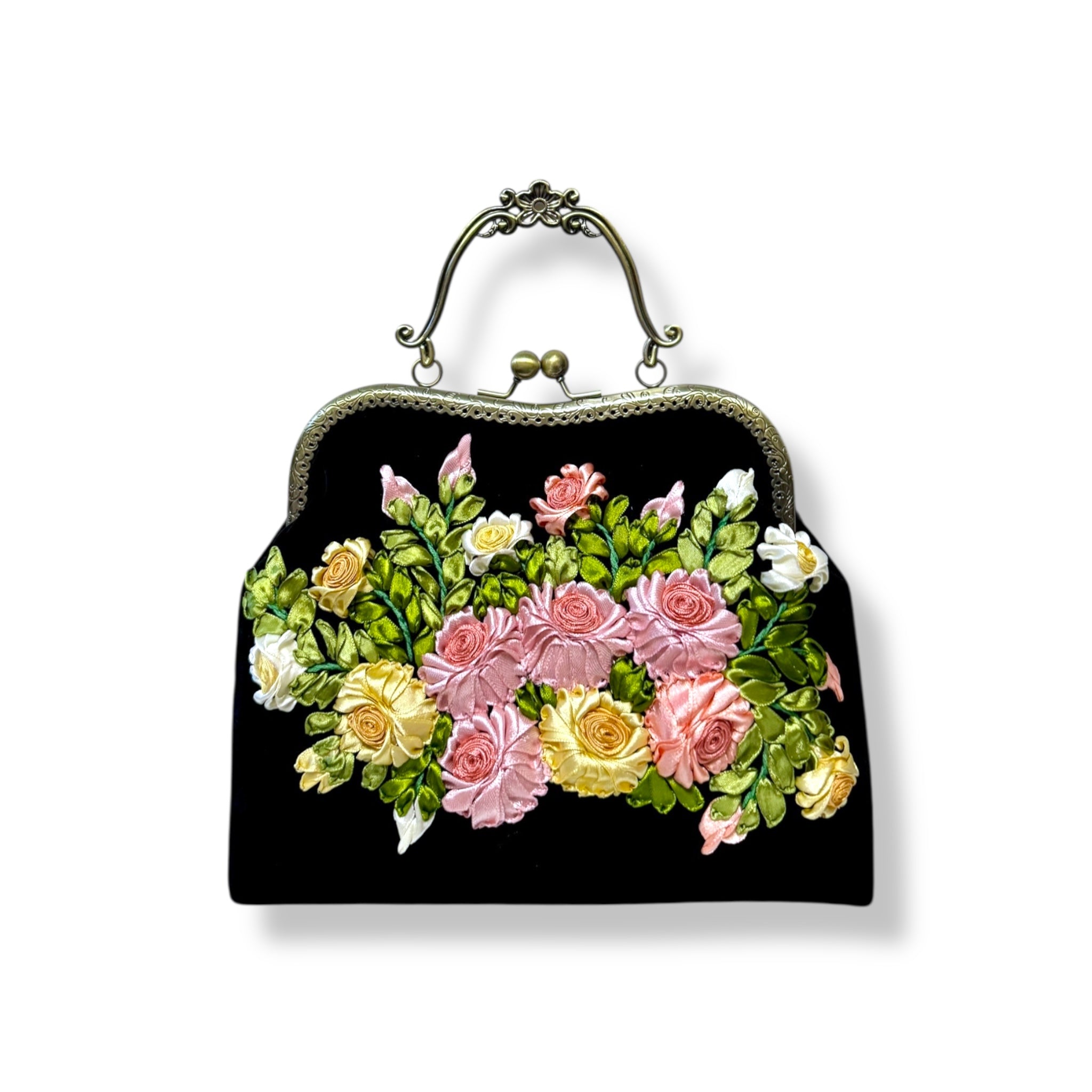 Pink Roses Bouquet Velvet Ribbon Embroidery Clutch Velvet Bag