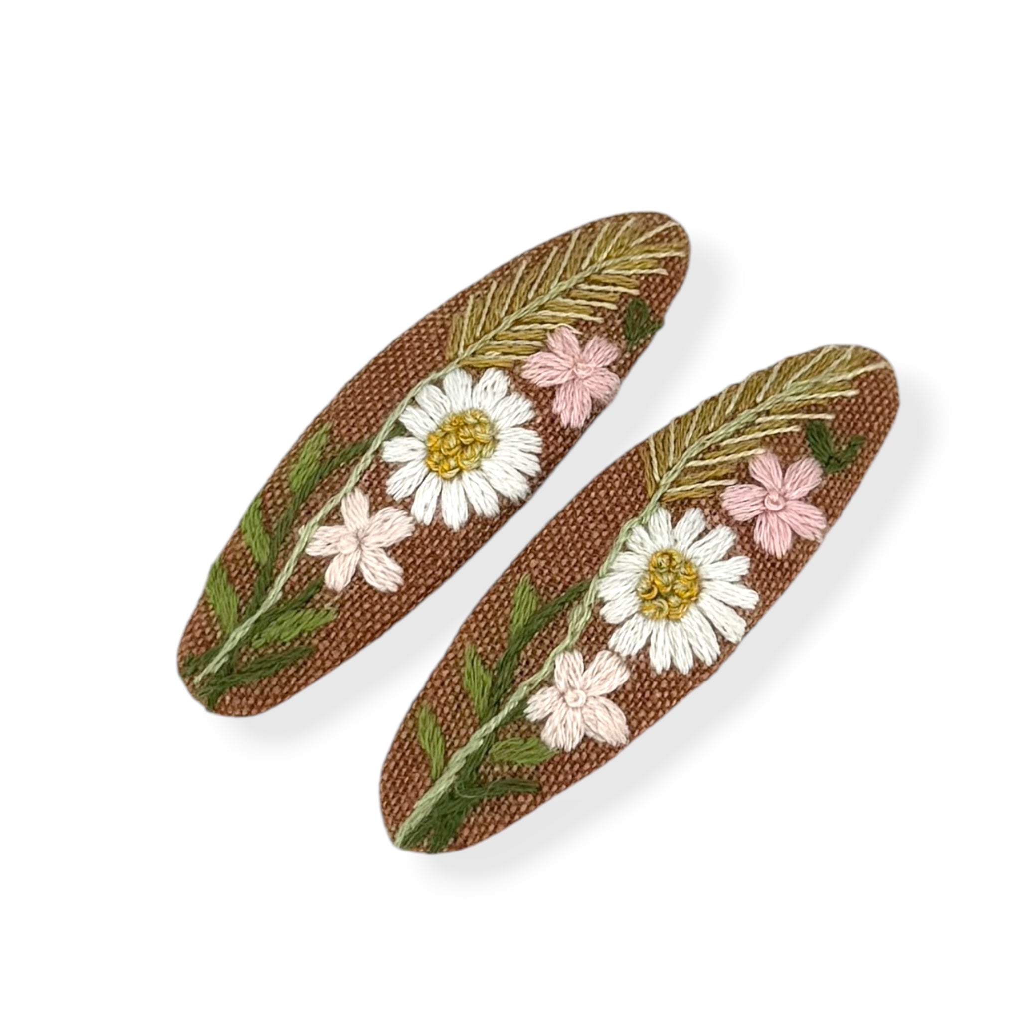 Daisy Meadow Light Brown Hair Clips with hand-embroidered floral design on linen, perfect gift for teenage girls or flower girl proposal.