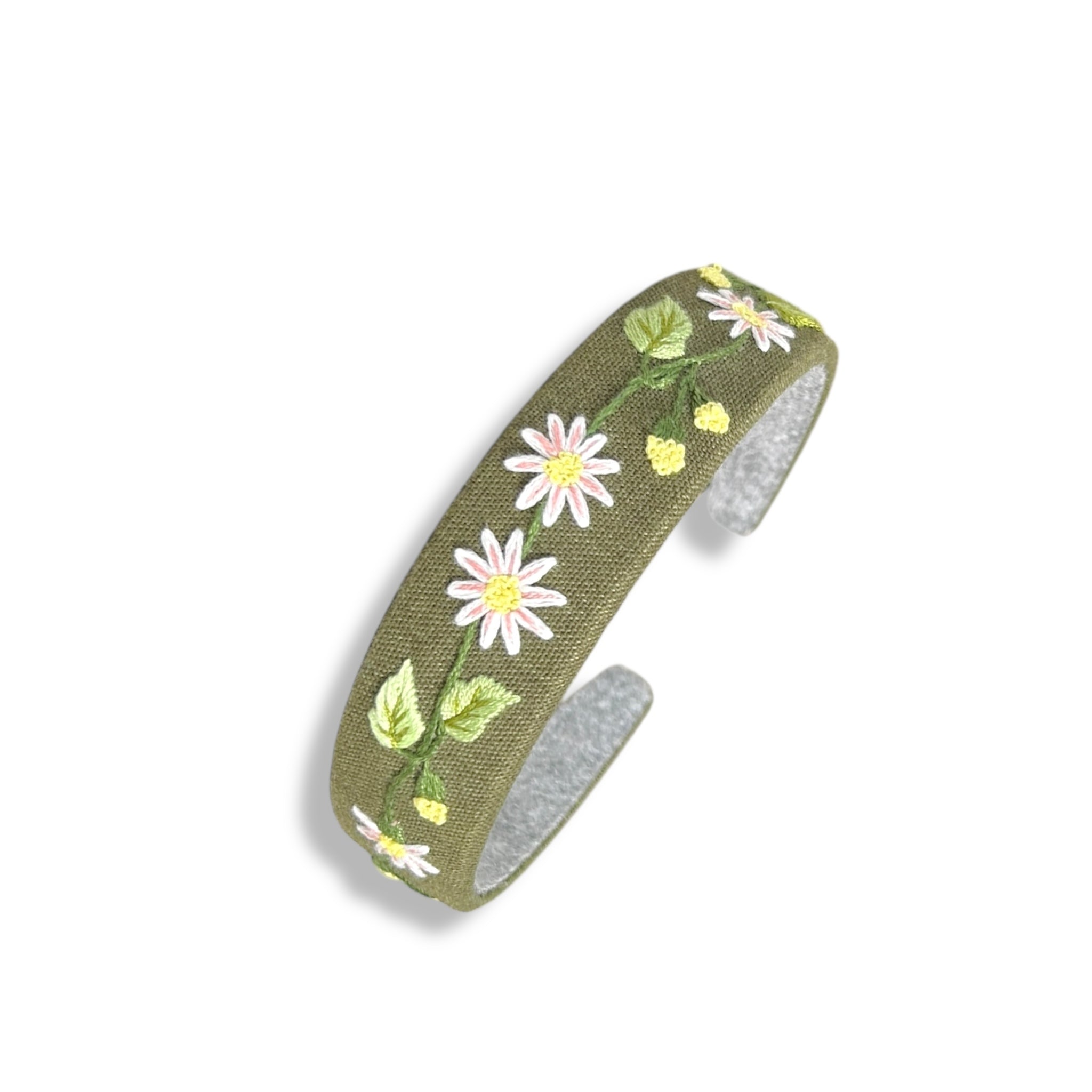 Daisy Bloom Hand Embroidered Olive Green Hairband