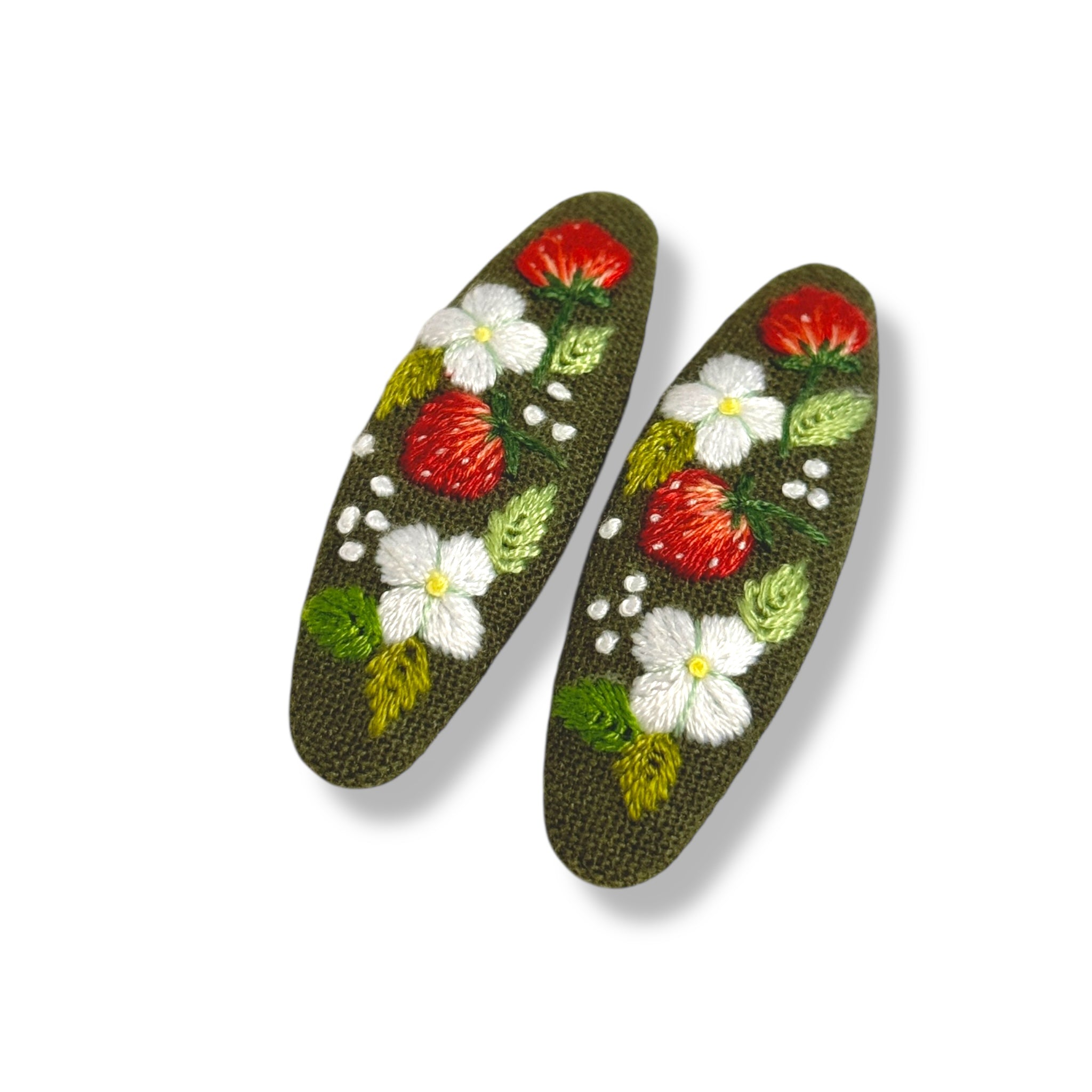Strawberry Olive Green Hand Embroidery Hair Clips