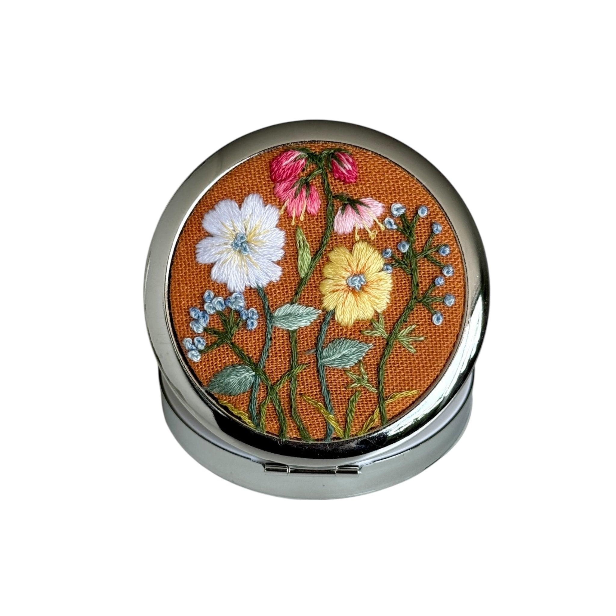 Orange Bloom Hand Embroidery Compact Container