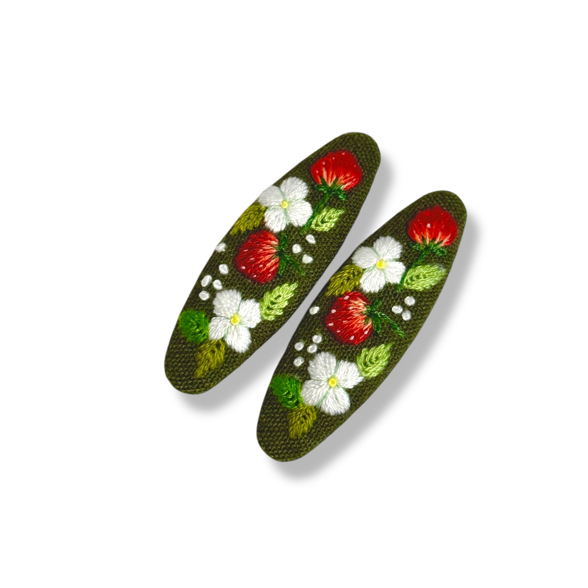 Strawberry Olive Green Hand Embroidery Hair Clips