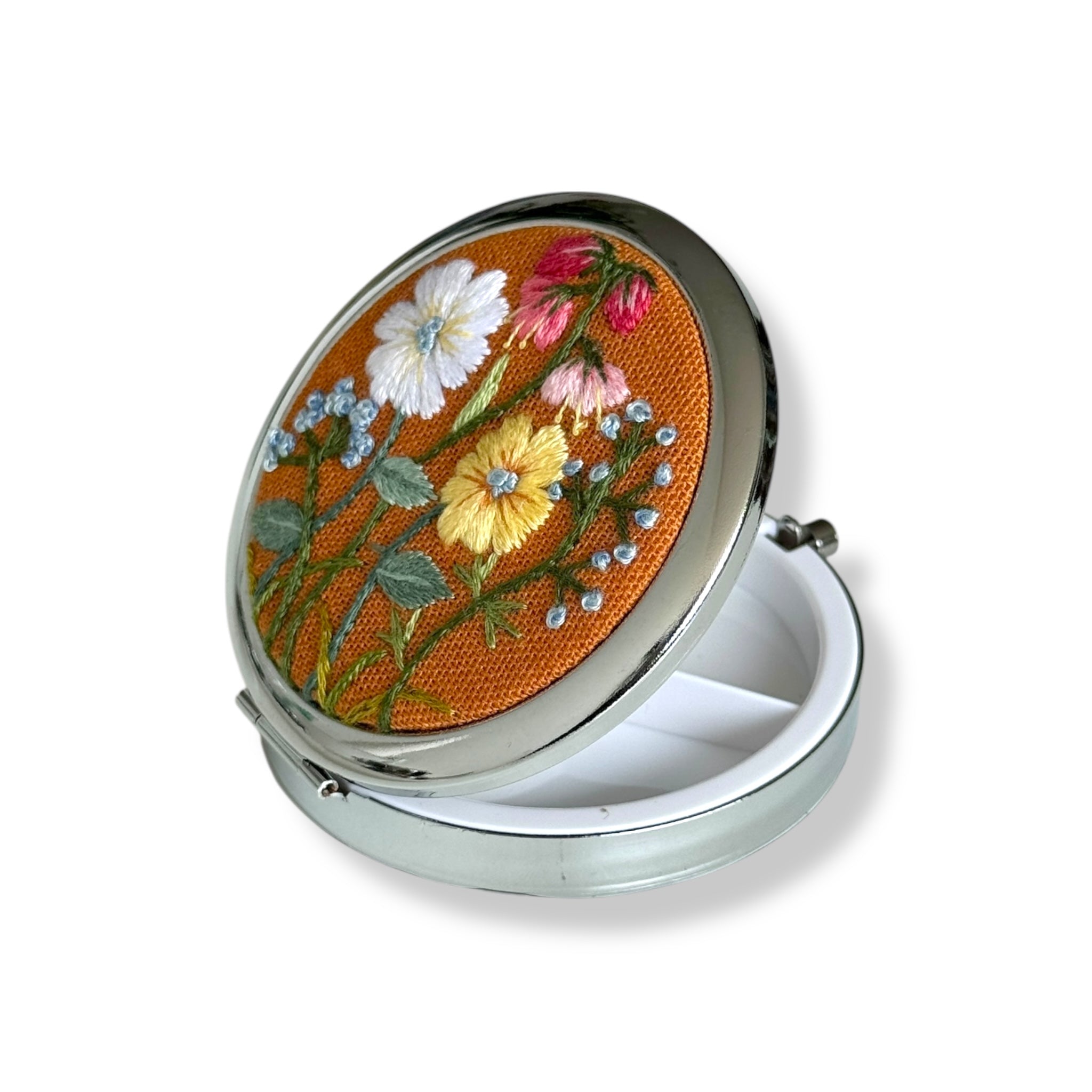 Orange Bloom Hand Embroidery Compact Container