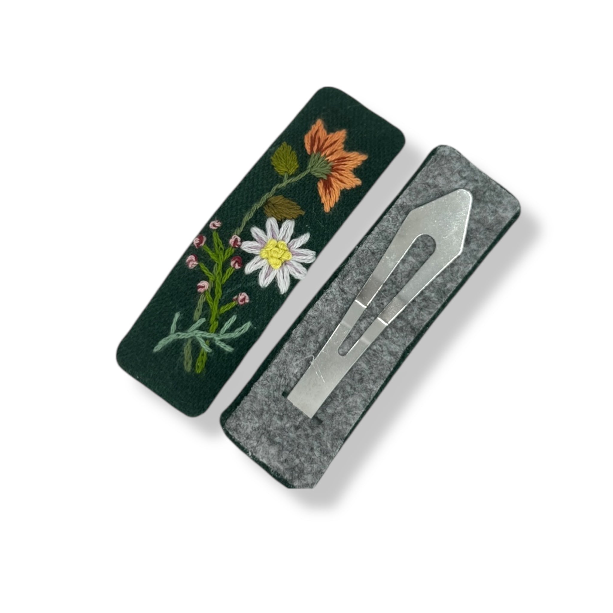 Floral hand embroidered hair clips with metal snap backing, ideal for teenage girls or women seeking unique hair accessories and handmade gifts.