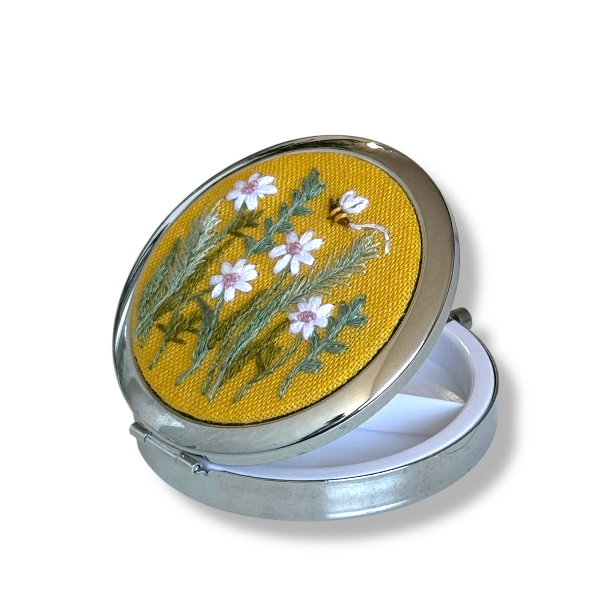 Sunny Daisy Hand Embroidery Compact Container