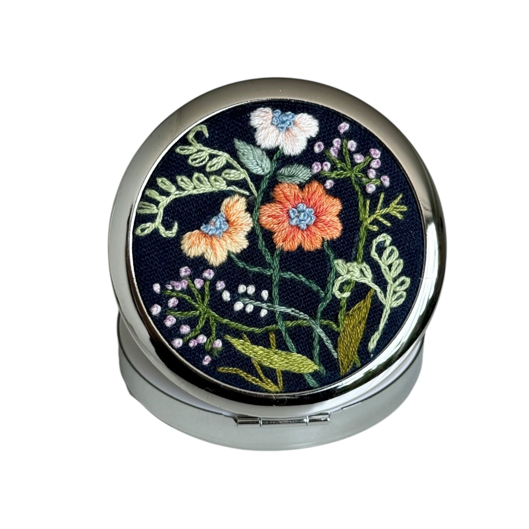 Navy Blue Hand Embroidery Compact Container