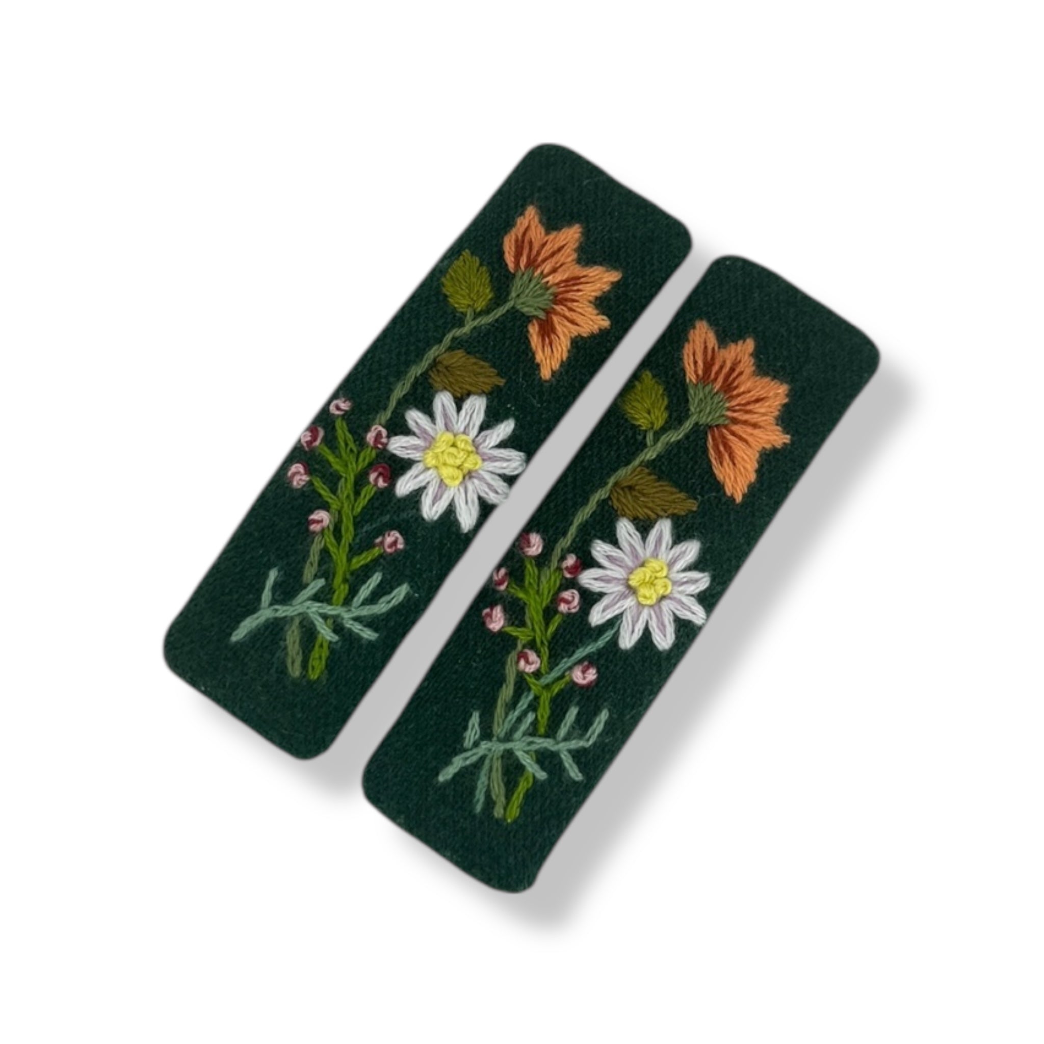 Hand embroidery cute hair accessories for women featuring floral designs on green linen fabric, perfect flower girl proposal gift or gift for her.