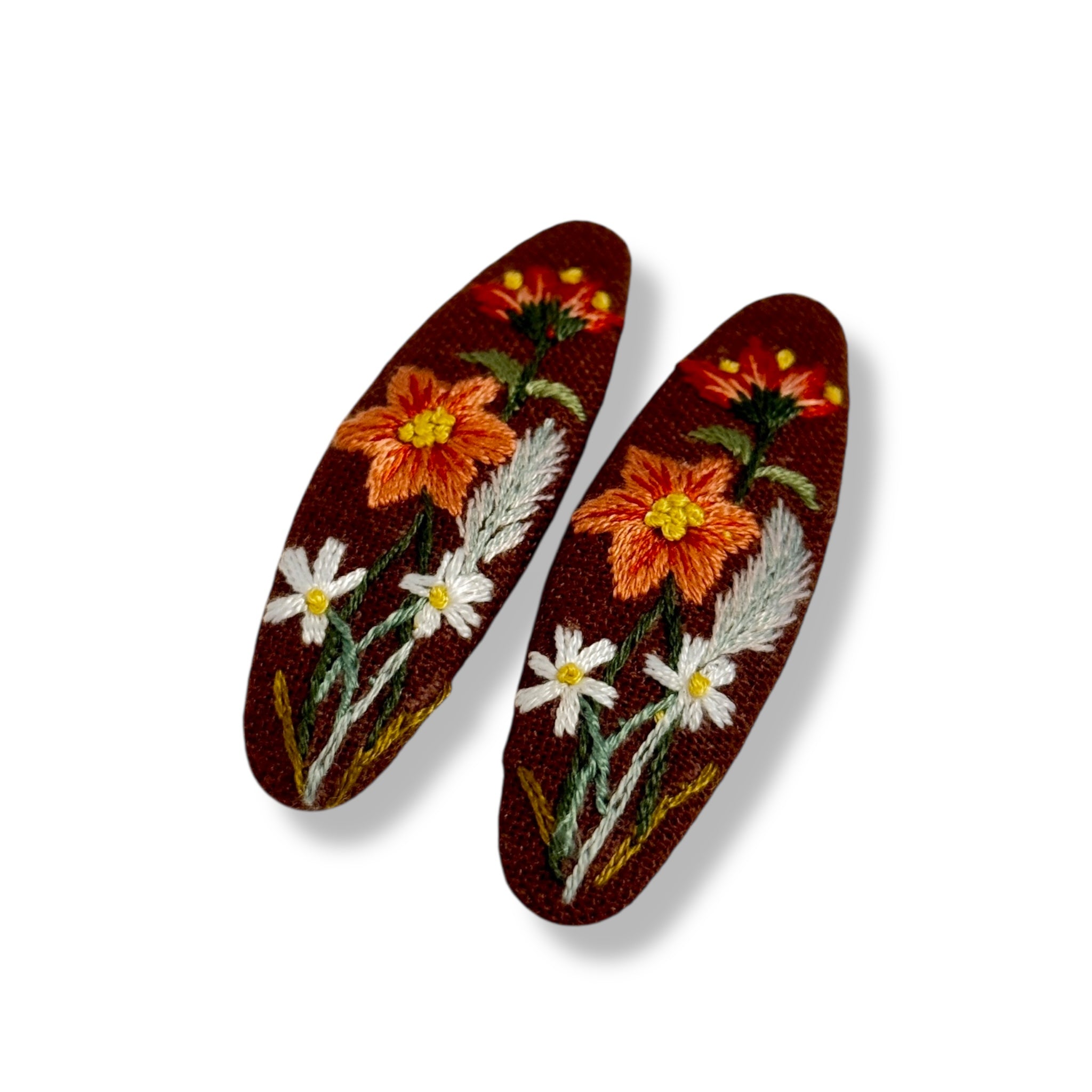 Autumn Brown Hand Embroidery Hair Clips