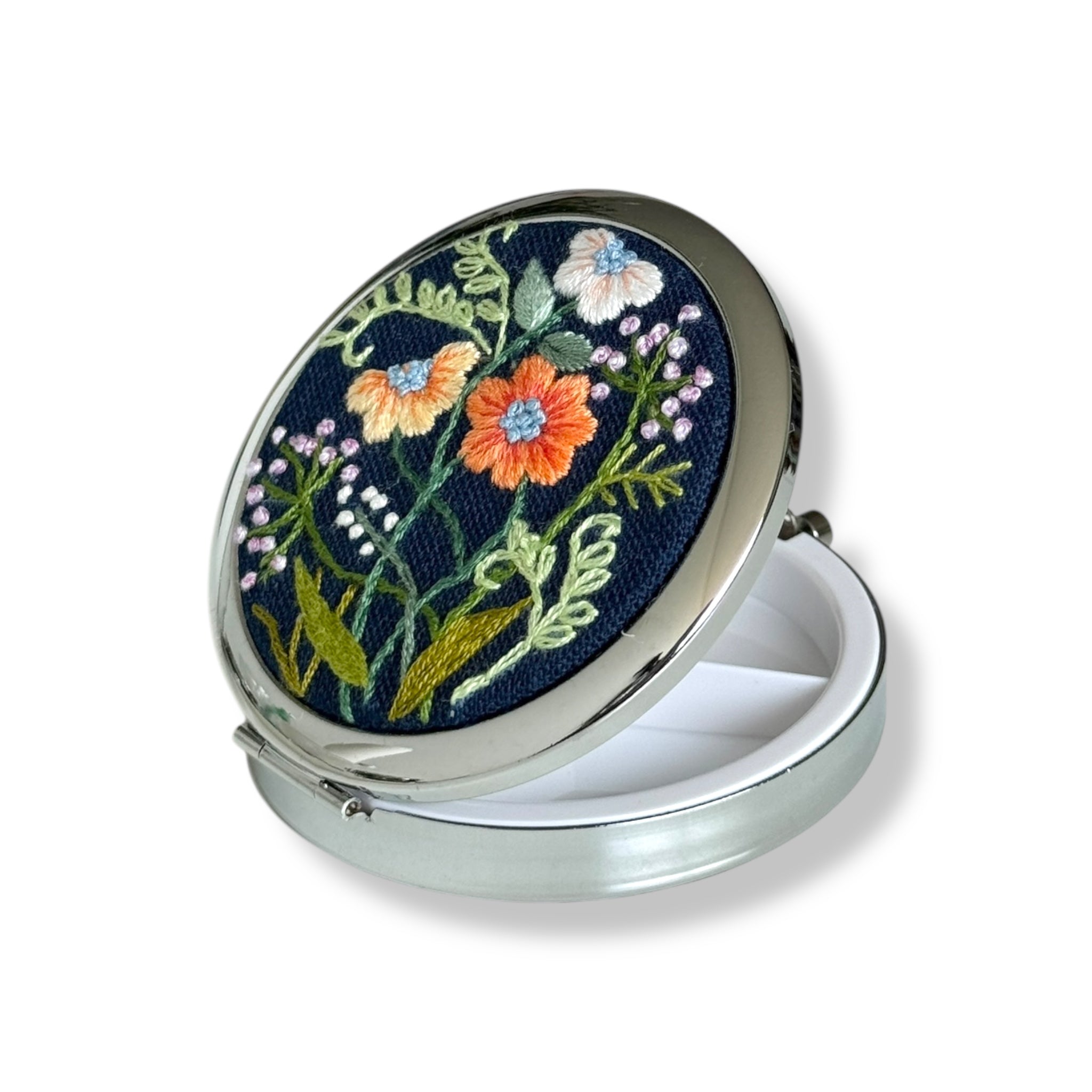 Navy Blue Hand Embroidery Compact Container