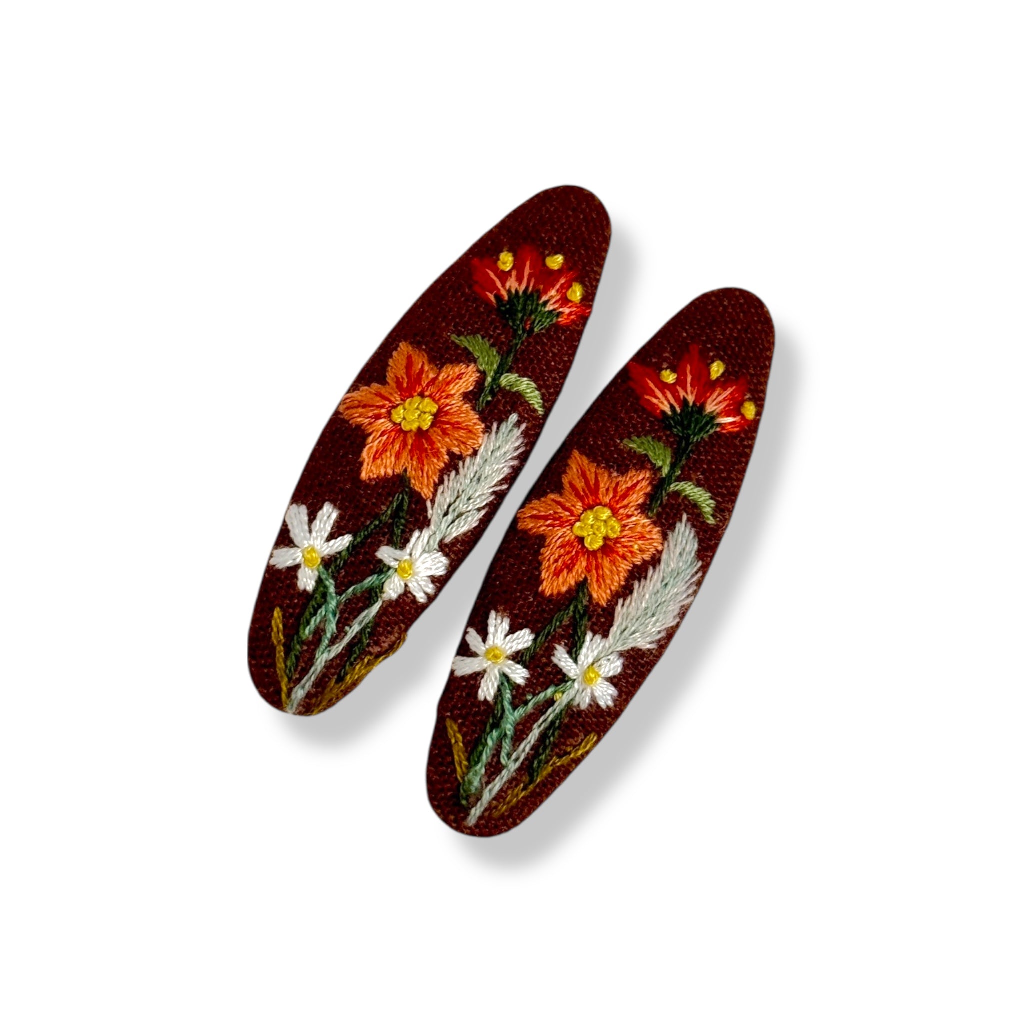 Autumn Brown Hand Embroidery Hair Clips
