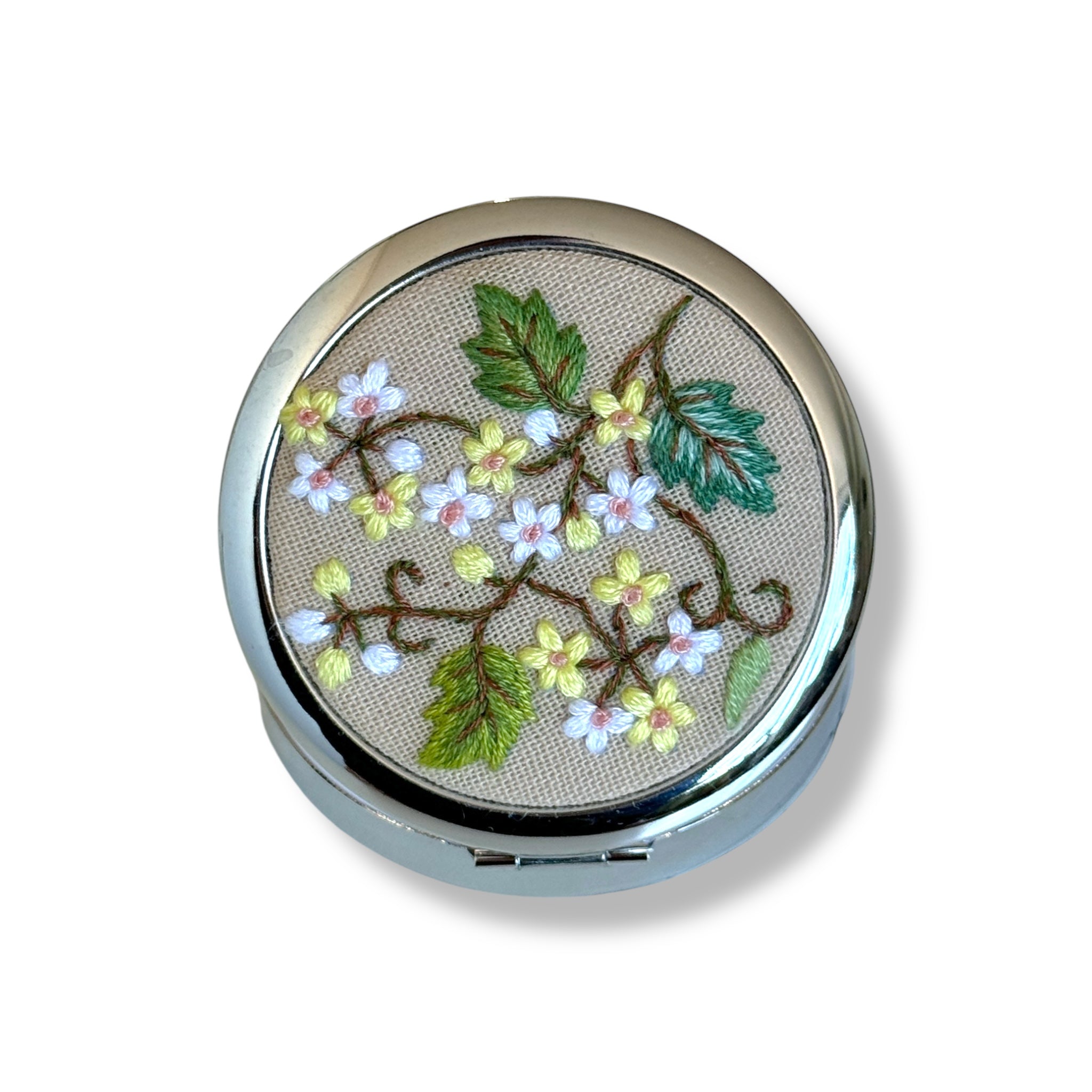 Tiny Flowers Hand Embroidery Compact Container