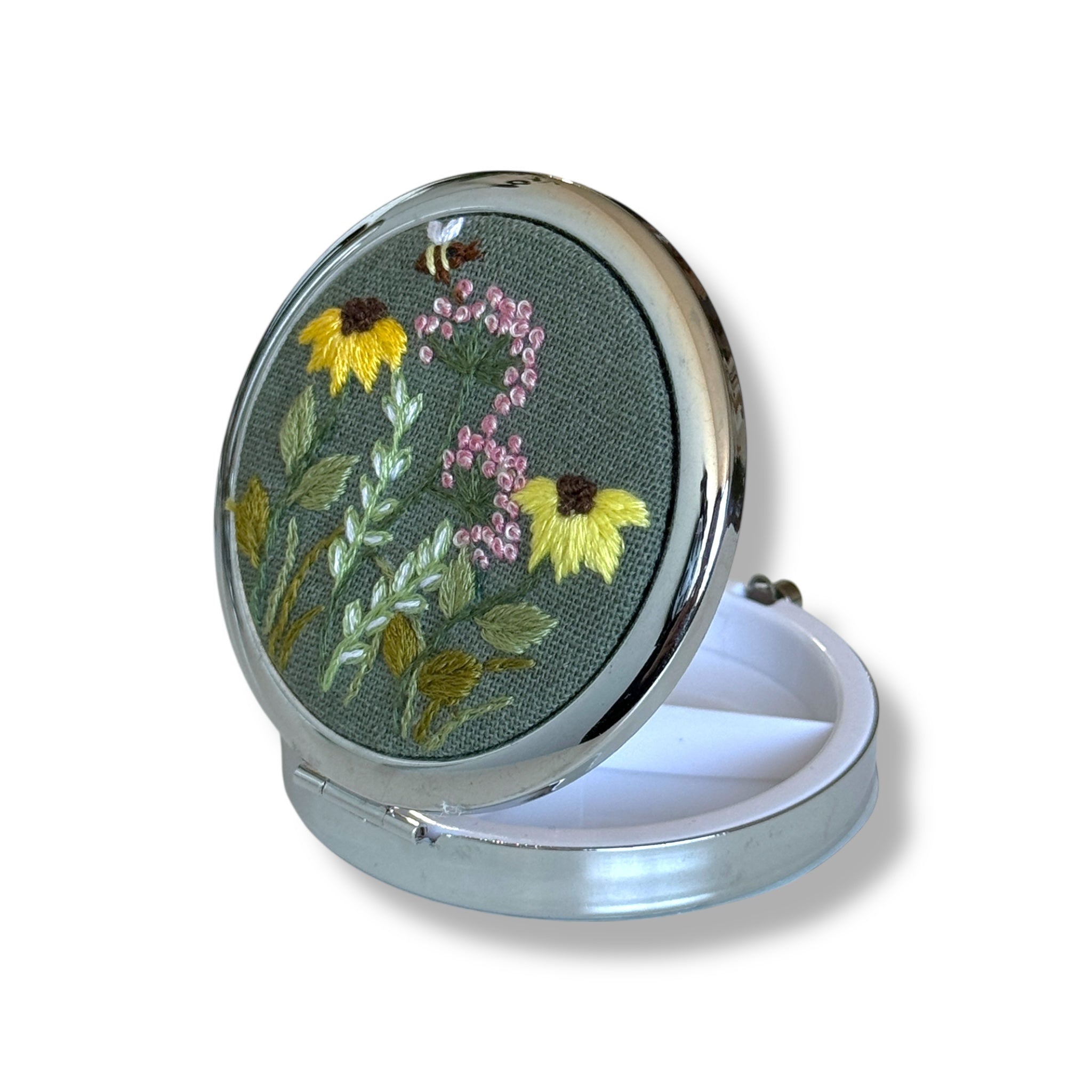 Olive Green Daisy Hand Embroidery Compact Container
