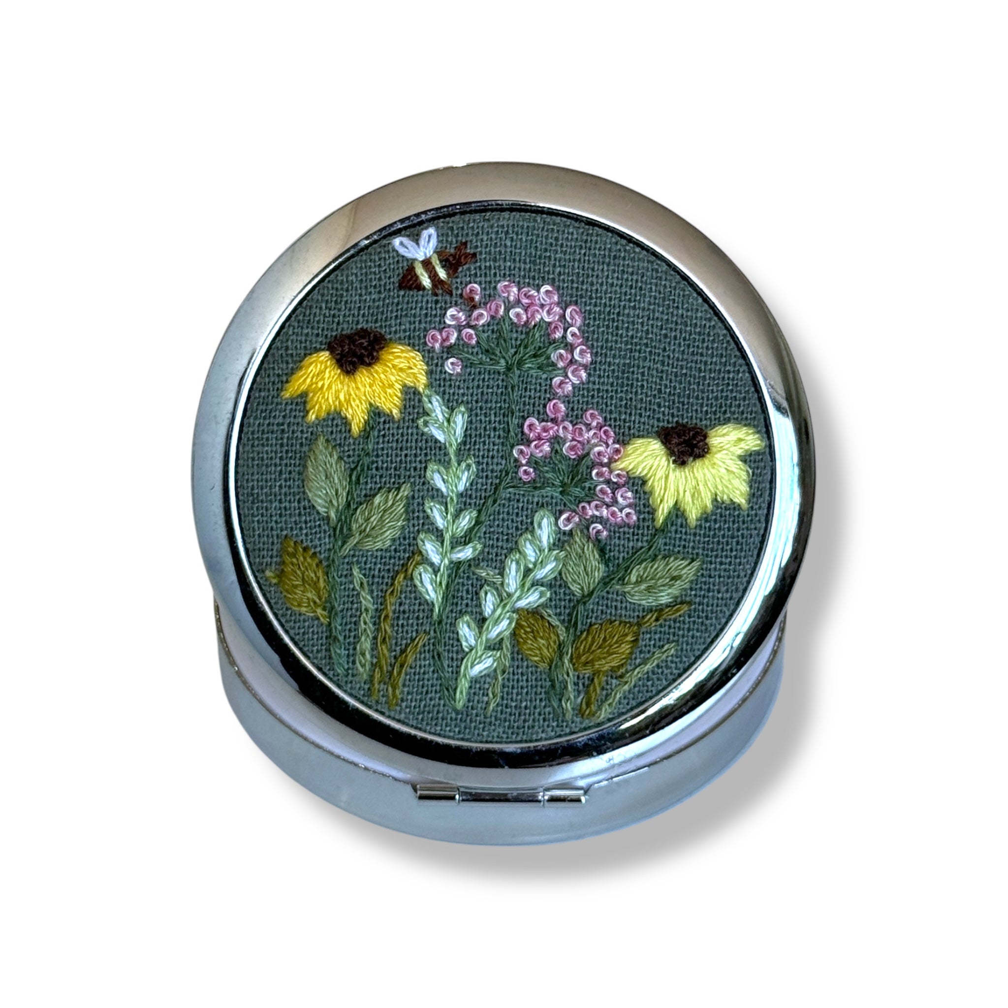 Olive Green Daisy Hand Embroidery Compact Container