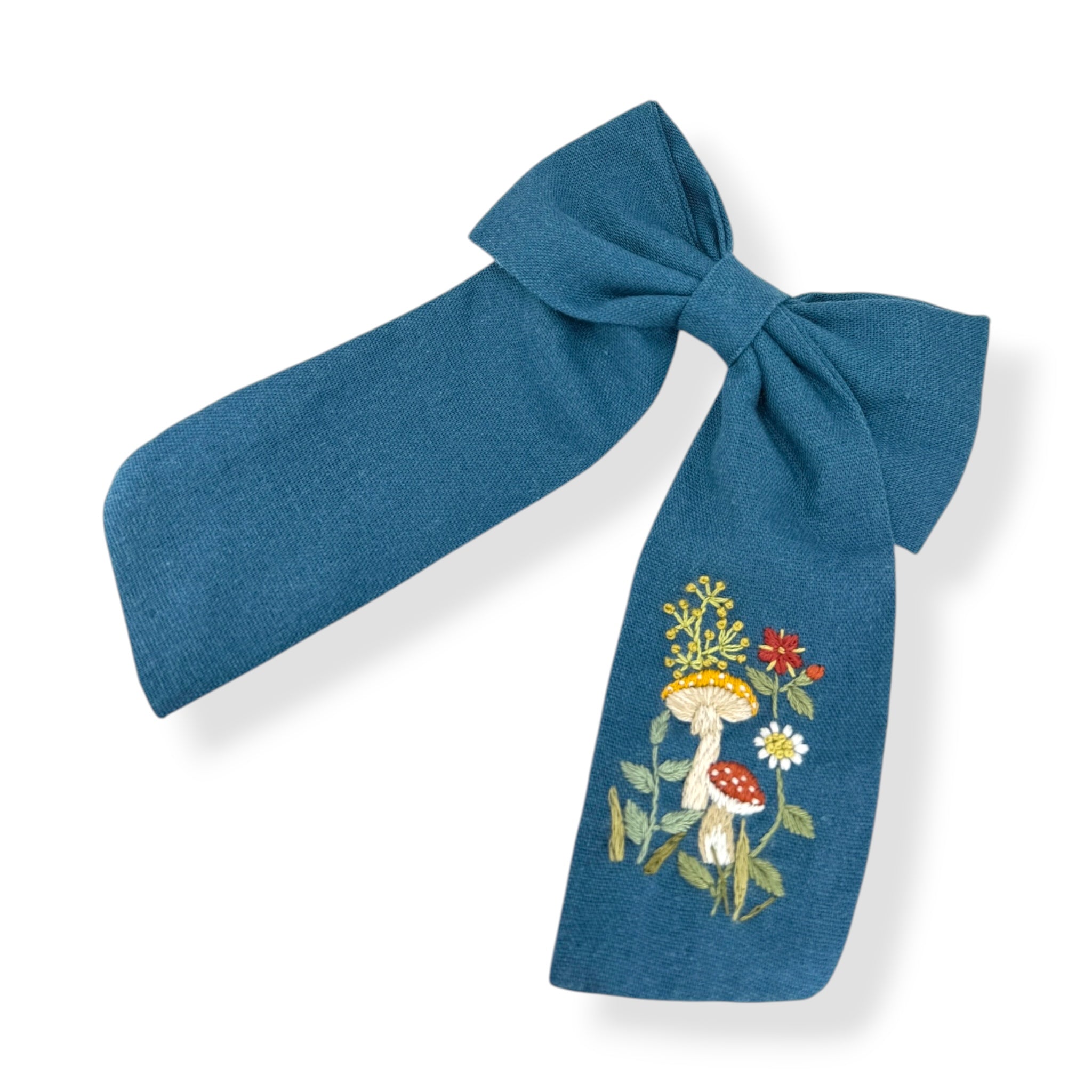 Whimsical Blue Mushroom Embroidered Hair Barrette