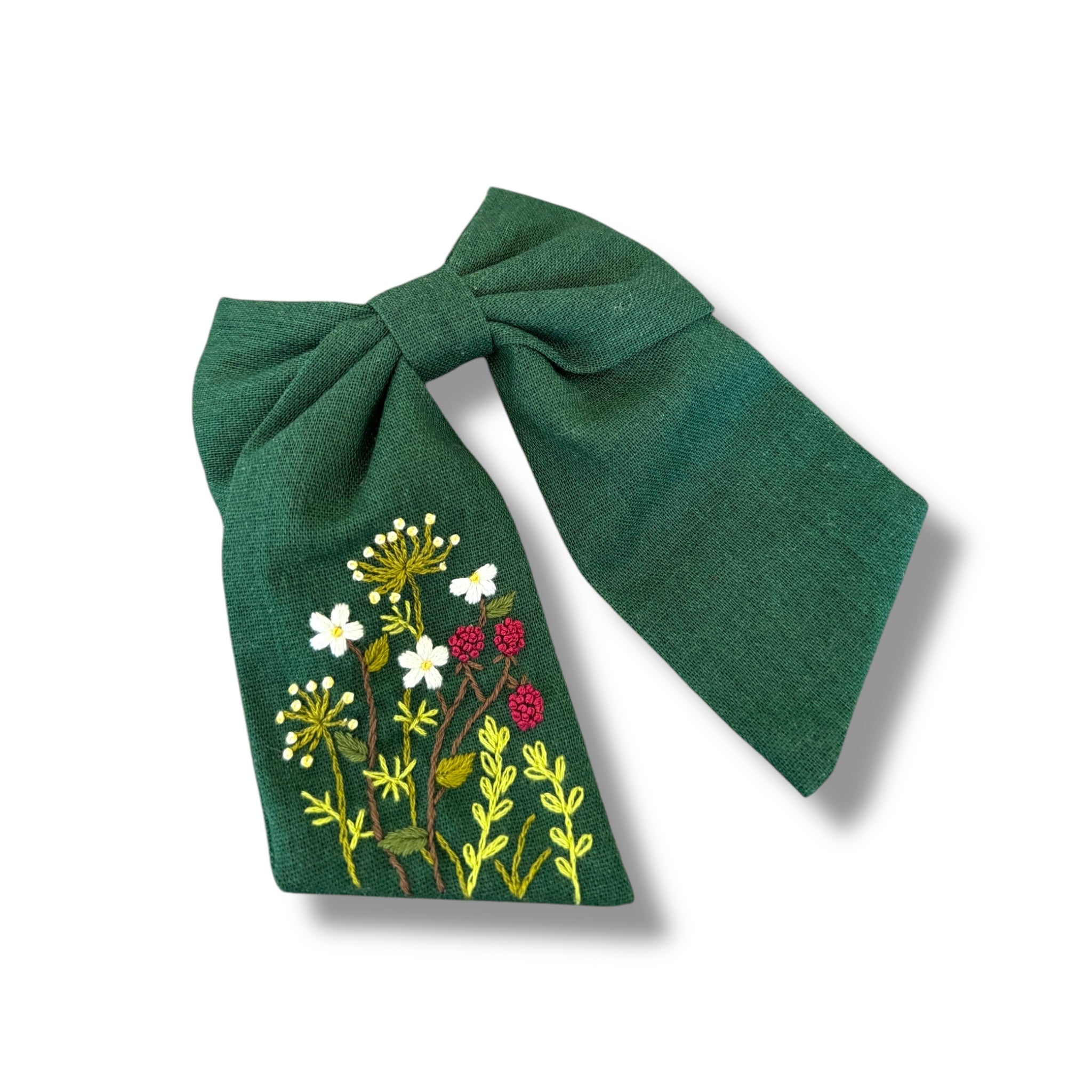 Green Hand Embroidery Hair Bow