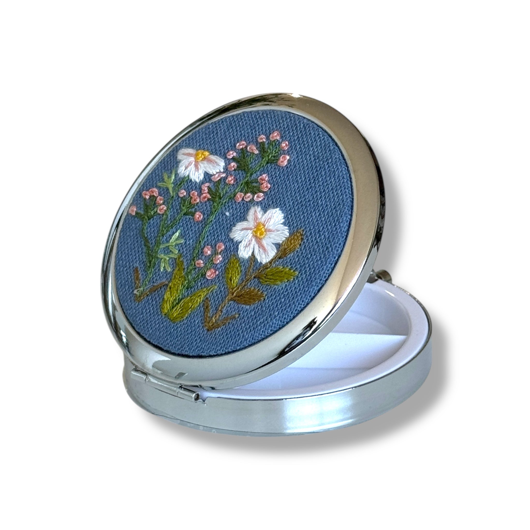 Blue Wildflowers Hand Embroidery Compact Container