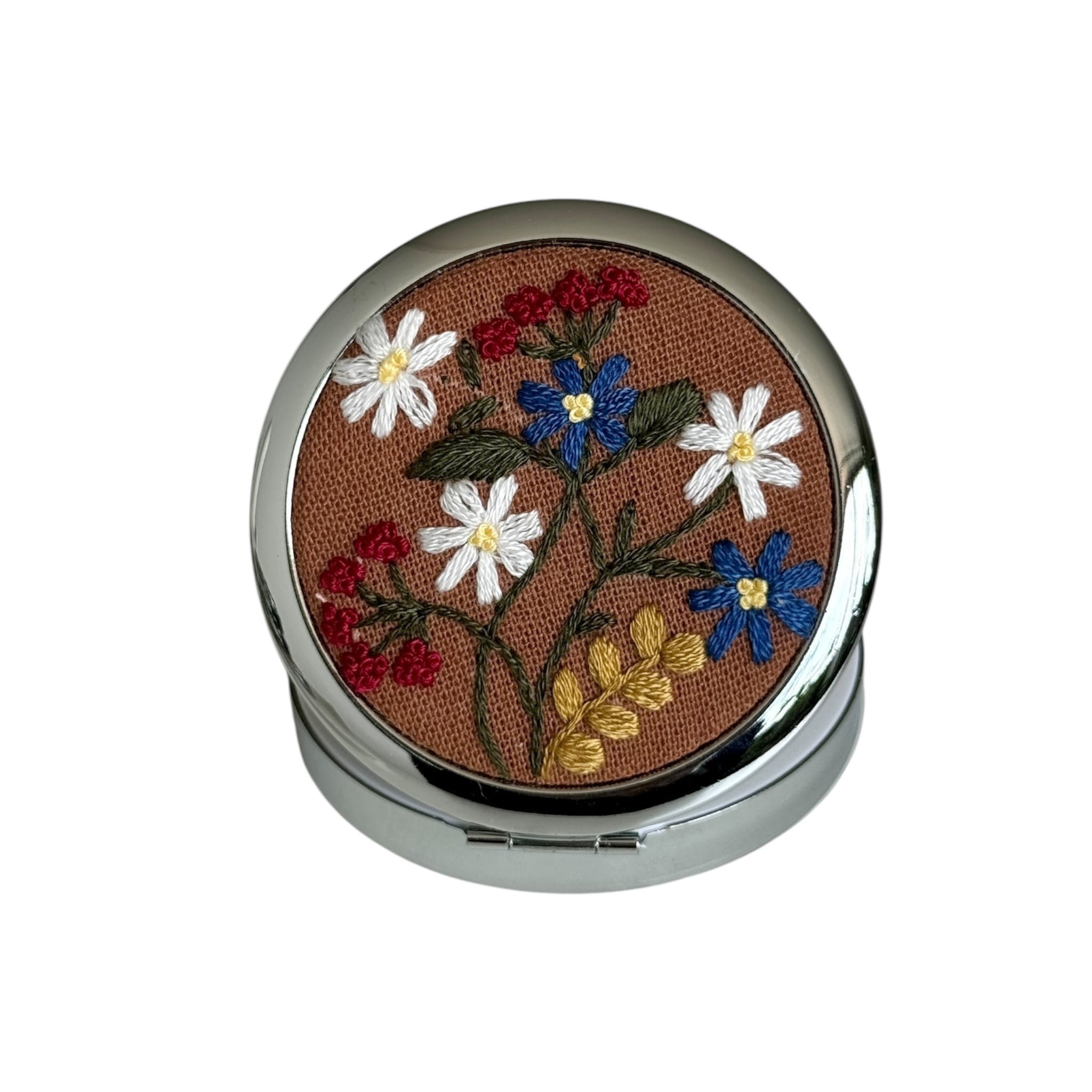 Brown Flowers Hand Embroidery Compact Container