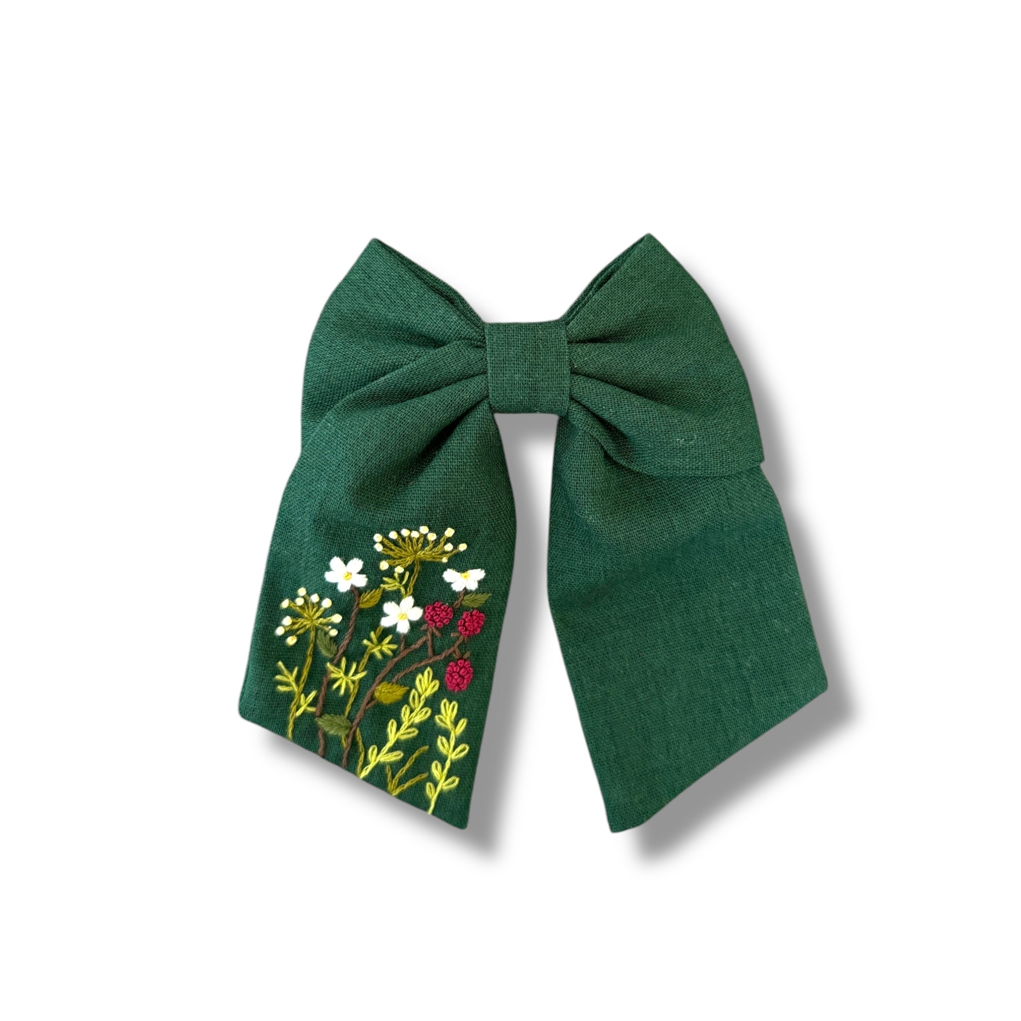Green Hand Embroidery Hair Bow