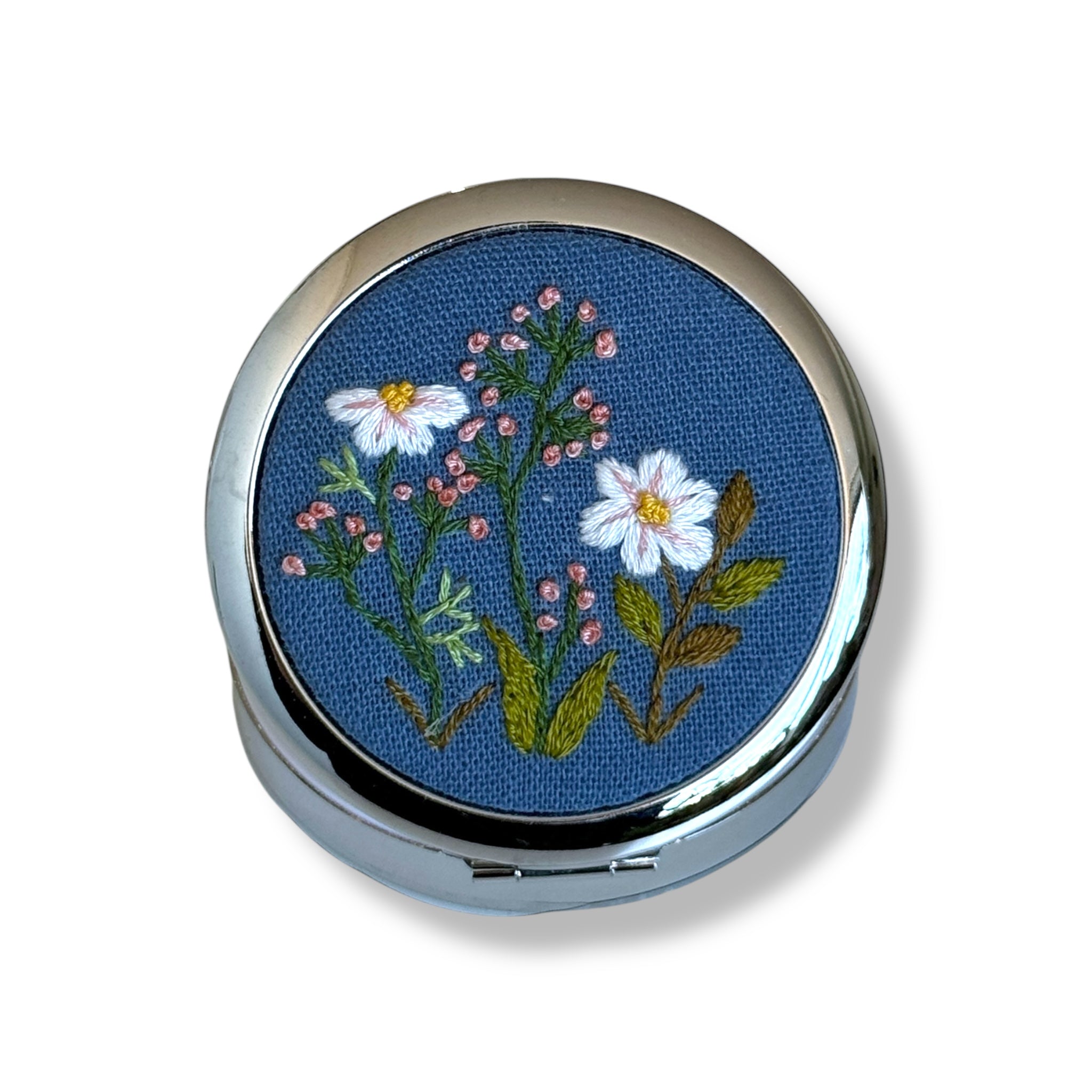 Blue Wildflowers Hand Embroidery Compact Container