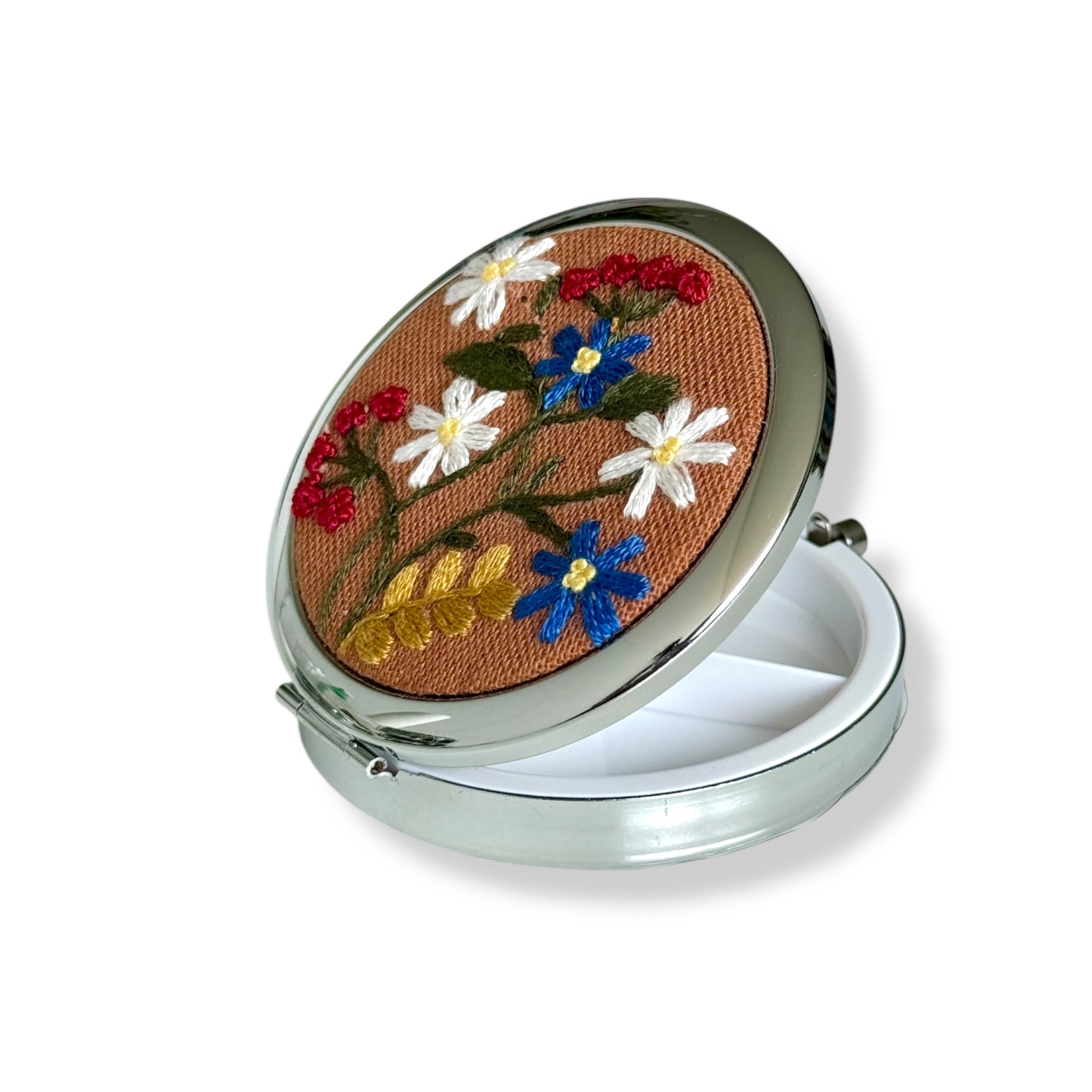 Brown Flowers Hand Embroidery Compact Container