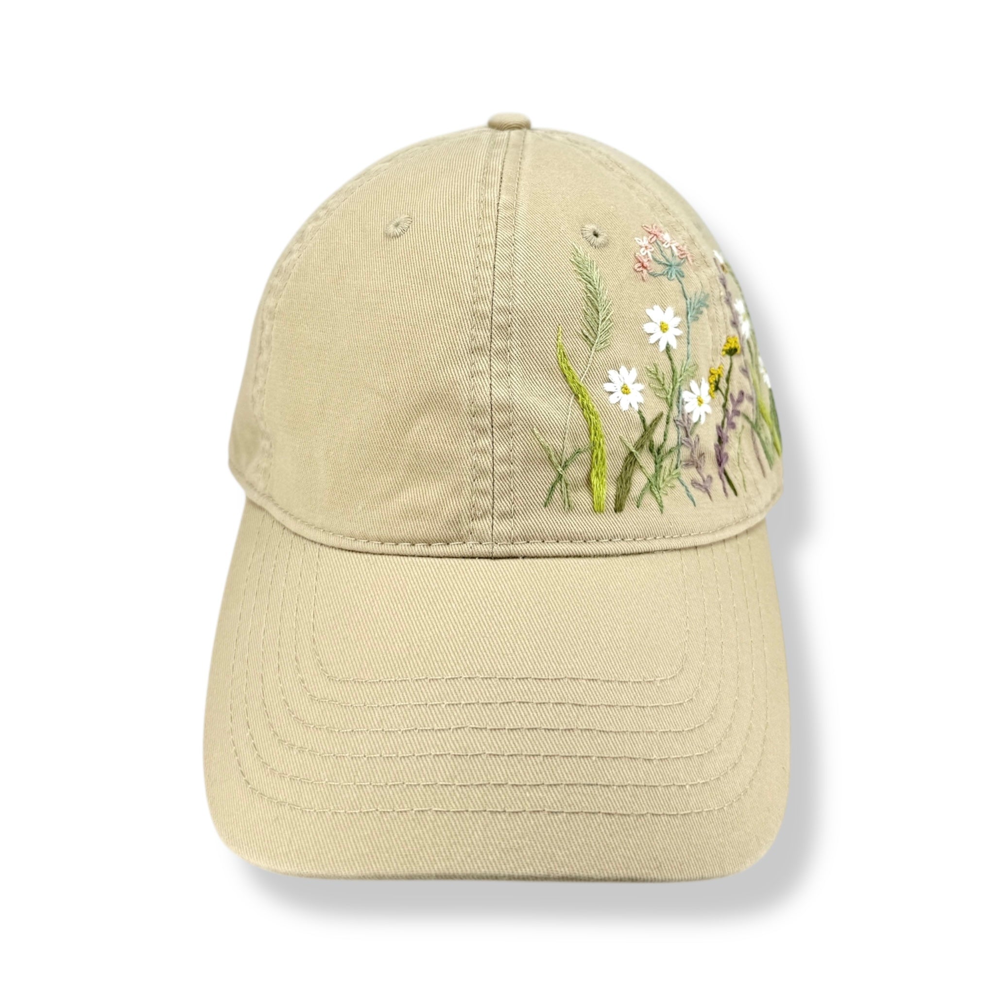 Little White Daisies Hand Embroidered Khaki Cap