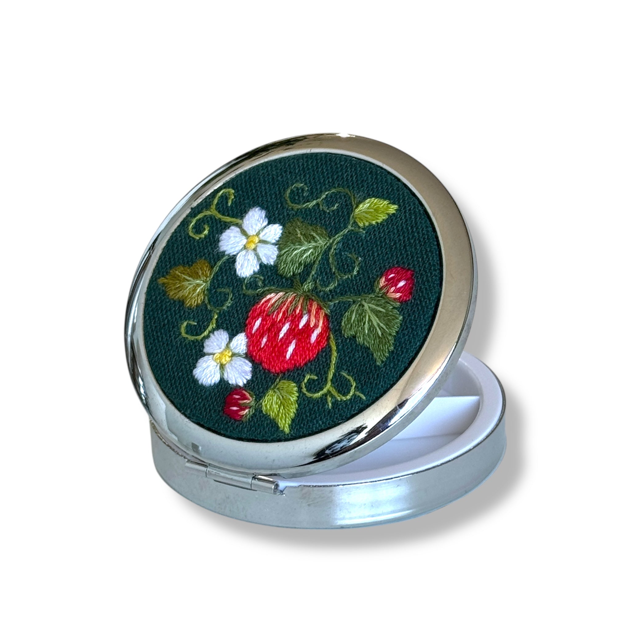Red Strawberry Hand Embroidery Compact Container