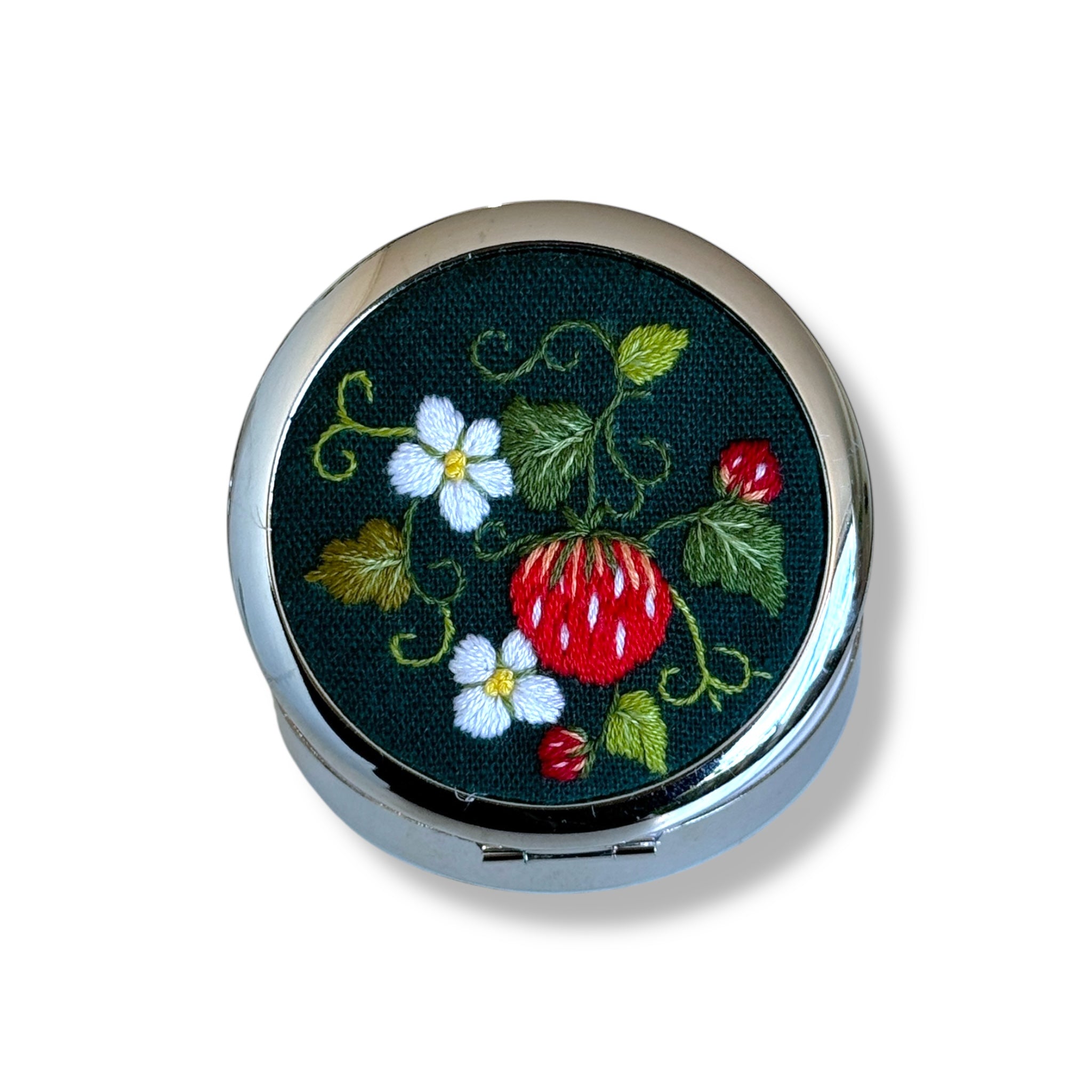 Red Strawberry Hand Embroidery Compact Container