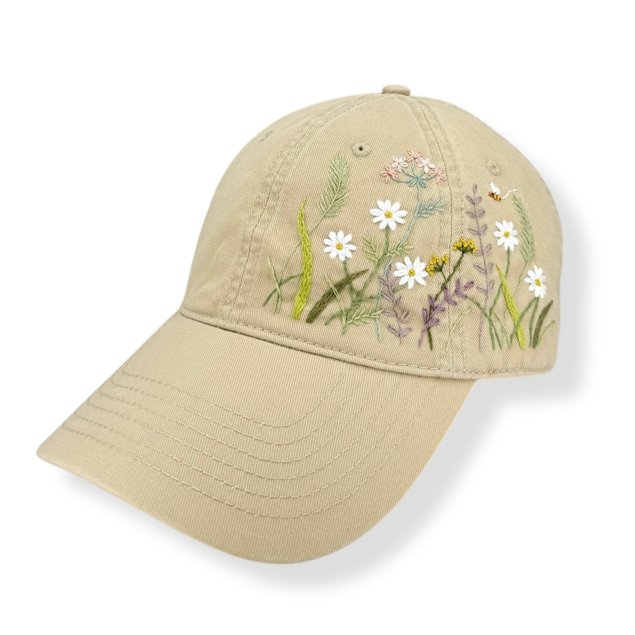 Little White Daisies Hand Embroidered Khaki Cap