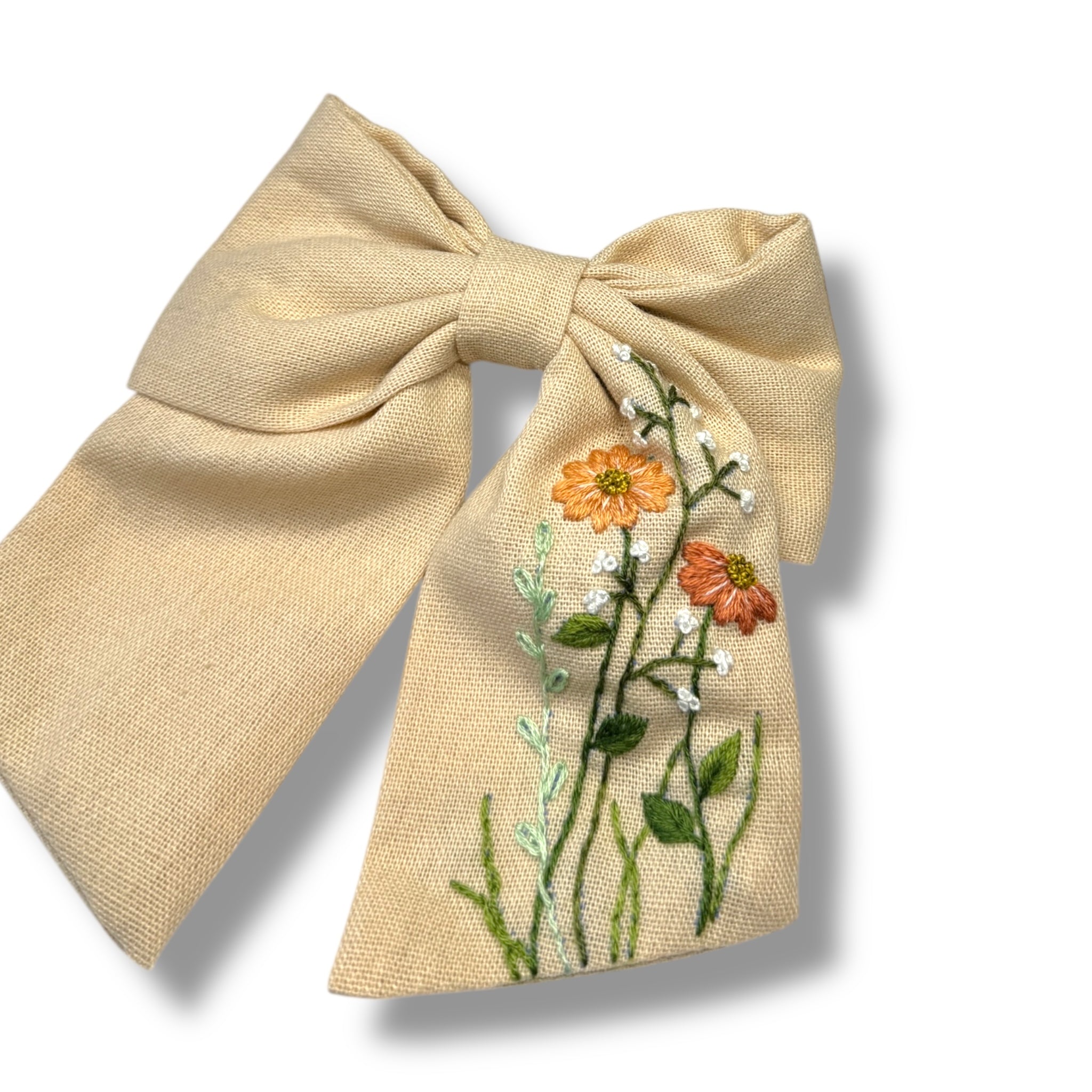 Orange Wildflowers Hand Embroidery Hair Bow