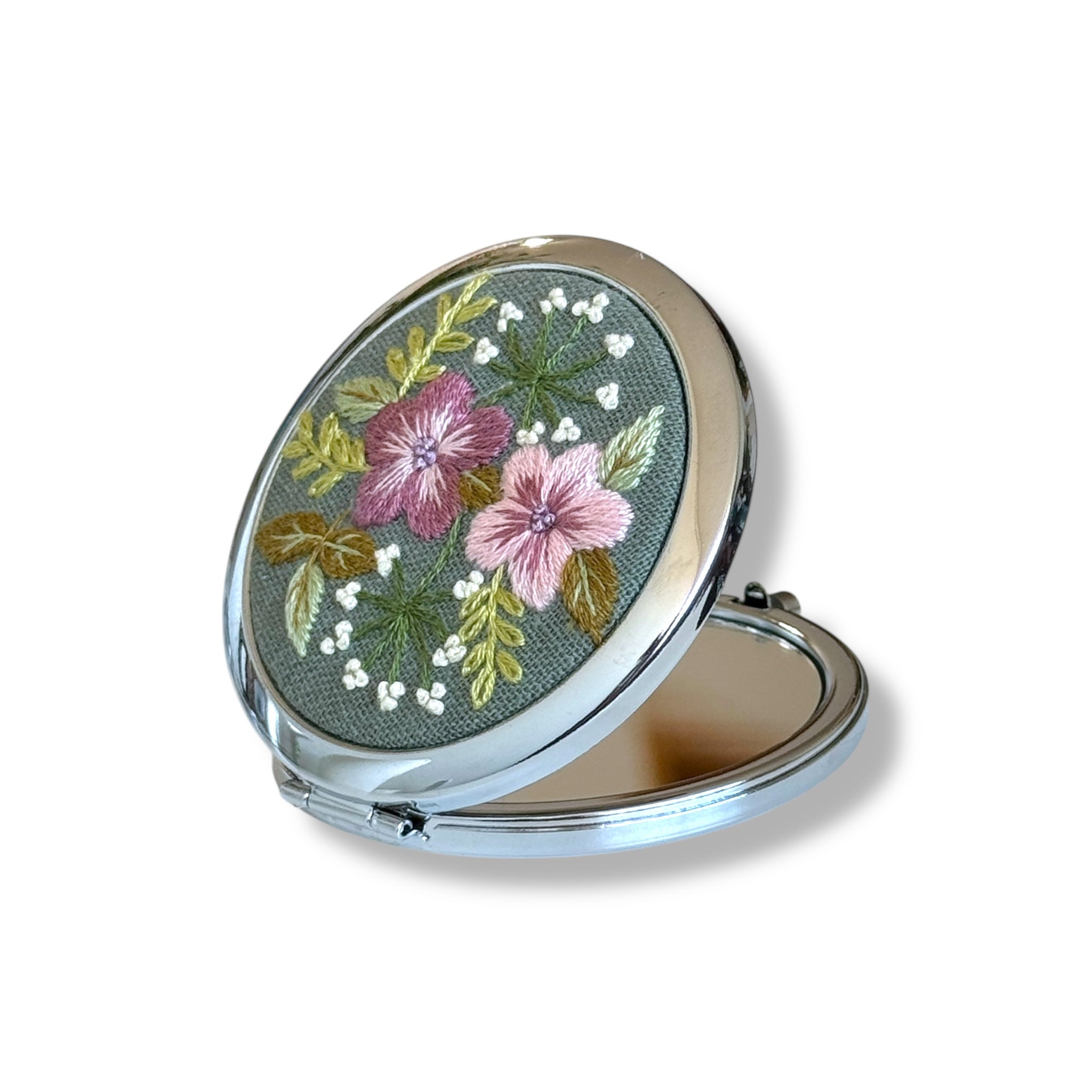 Olive Green Hand Embroidery Compact Mirror