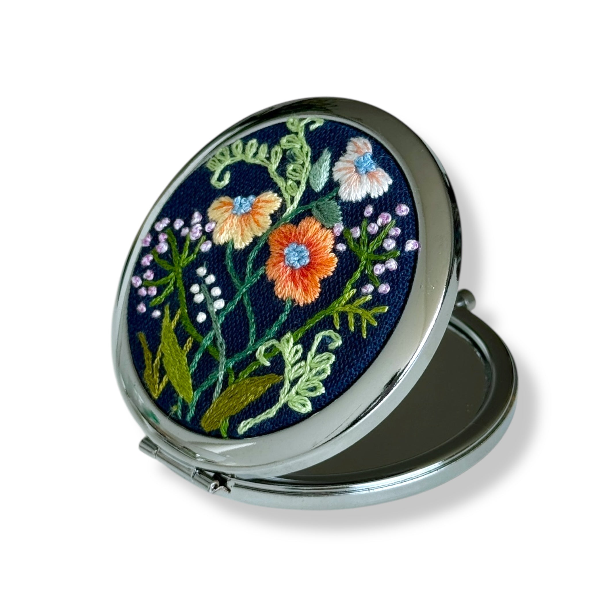 Navy Blue Hand Embroidery Compact Mirror