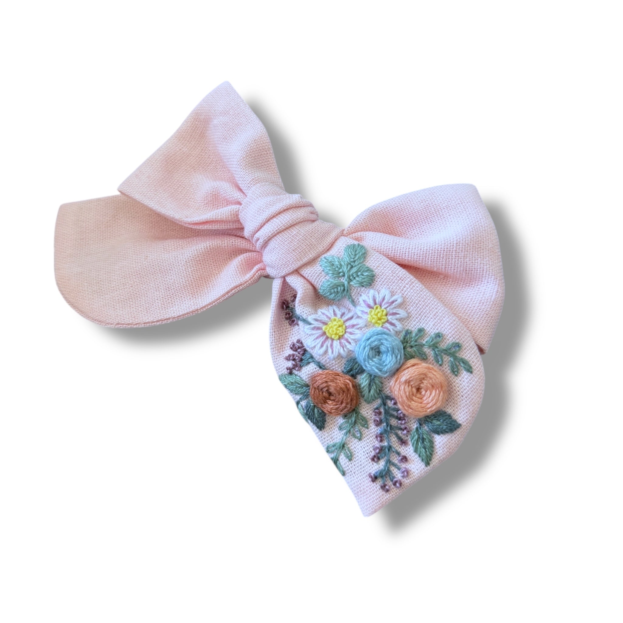 Pastel Pink Hand Embroidery Hair Bow