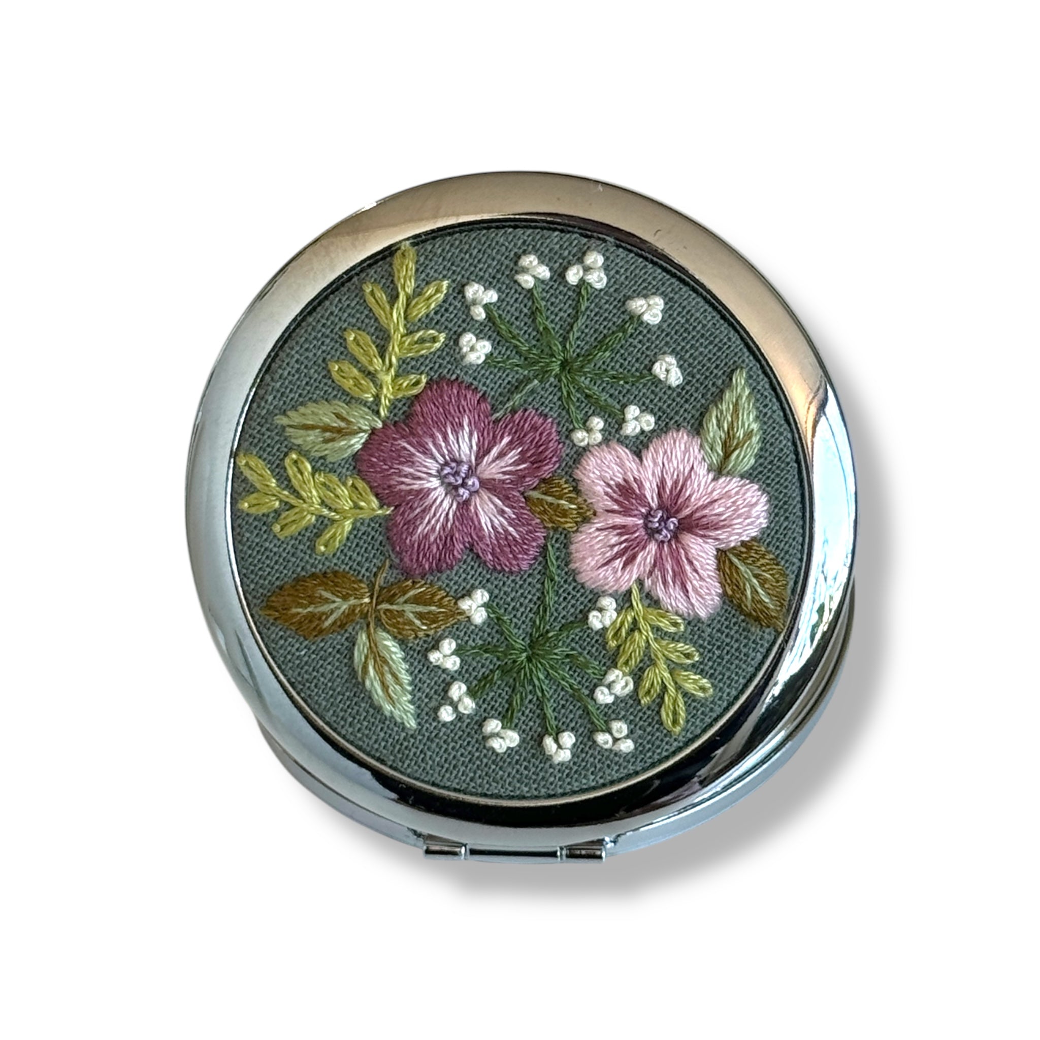 Olive Green Hand Embroidery Compact Mirror