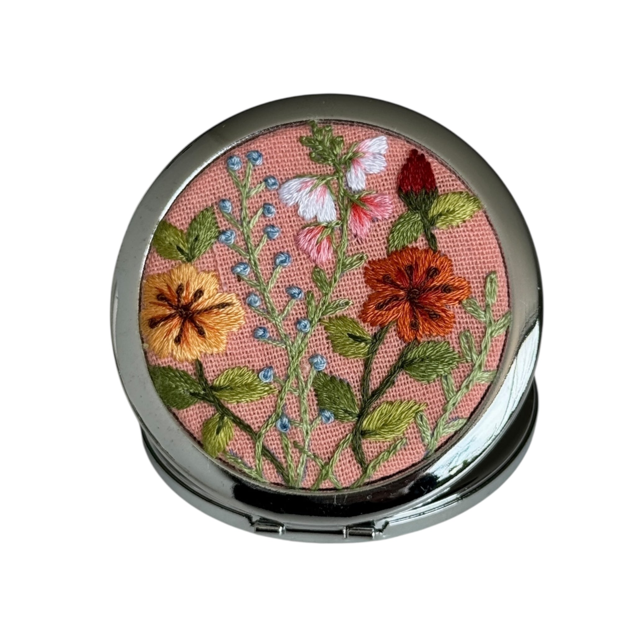 Pinky Flowers Hand Embroidery Compact Mirror