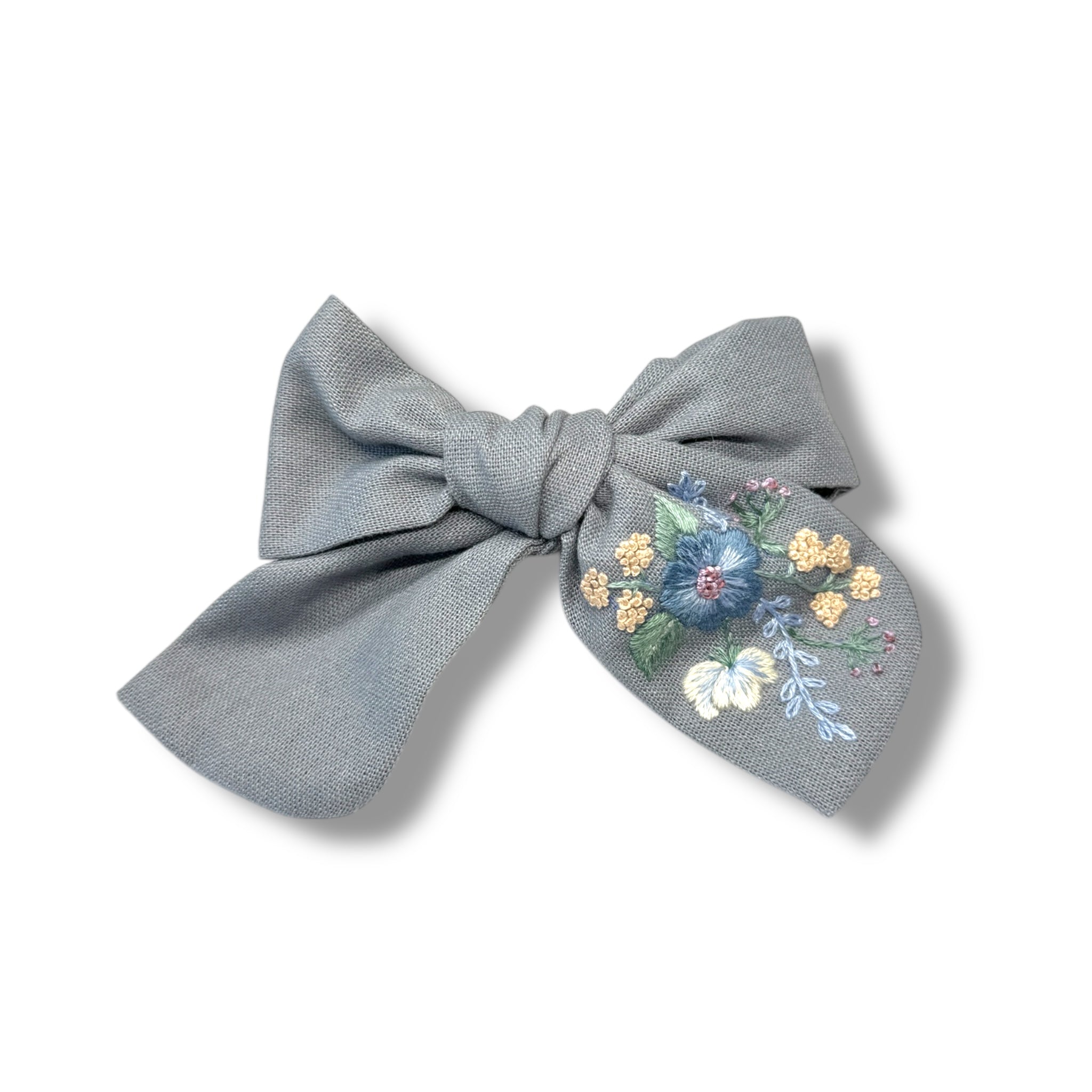 Grey Blue Hand Embroidery Hair Bow