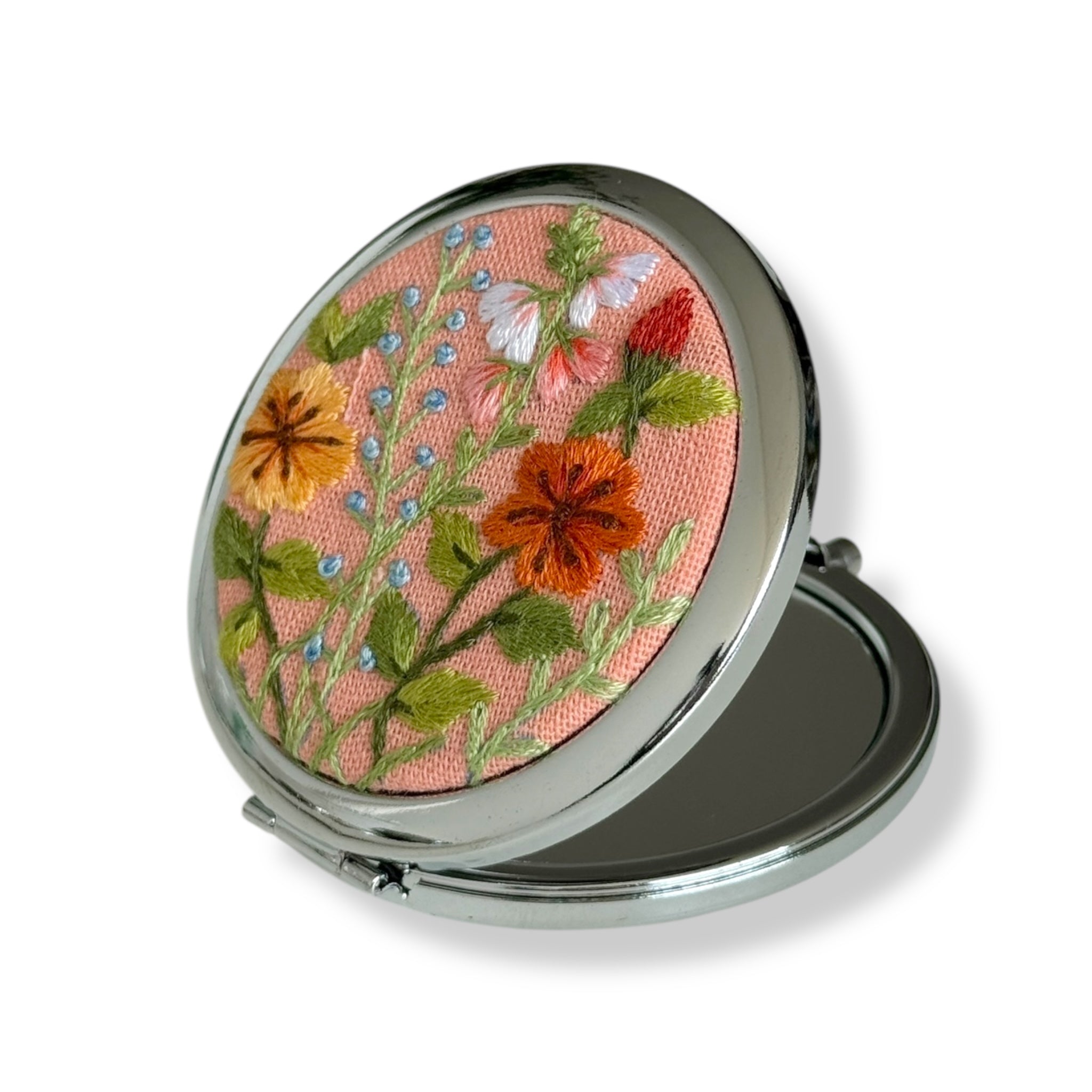 Pinky Flowers Hand Embroidery Compact Mirror