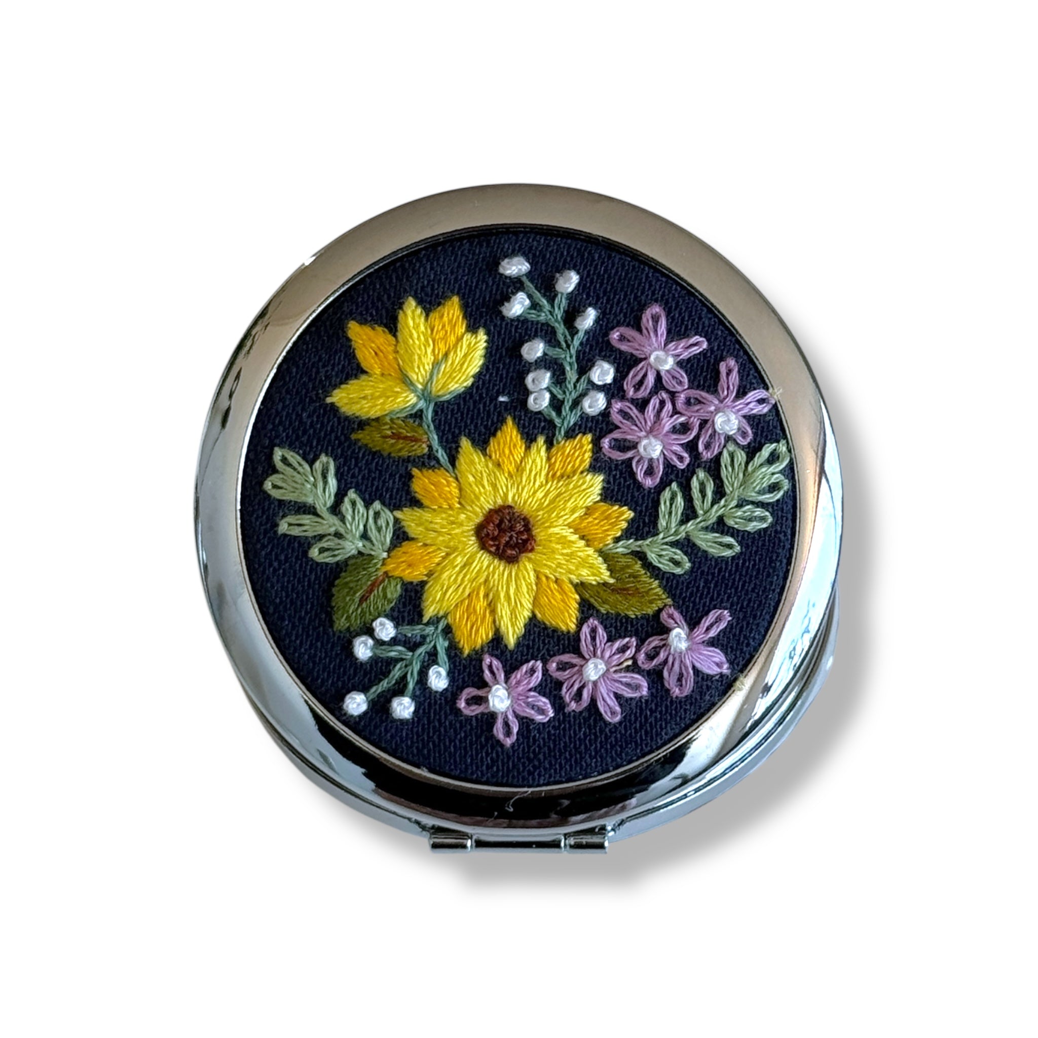 Sunflower Navy Hand Embroidery Compact Mirror