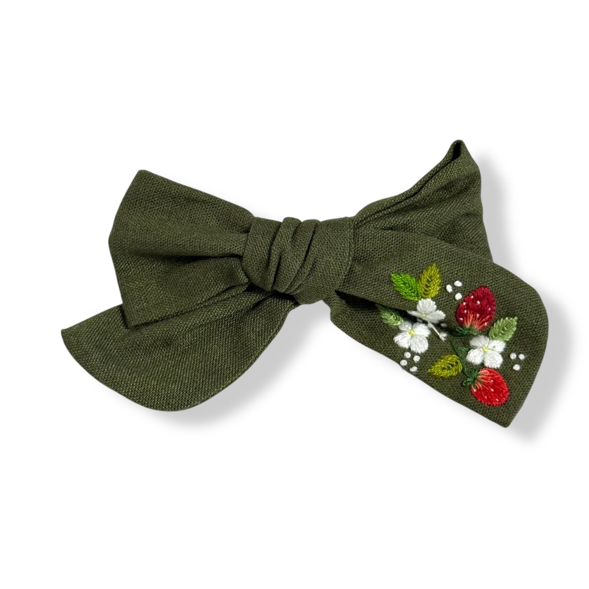 Strawberry Hand Embroidery Olive Green Hair Bow