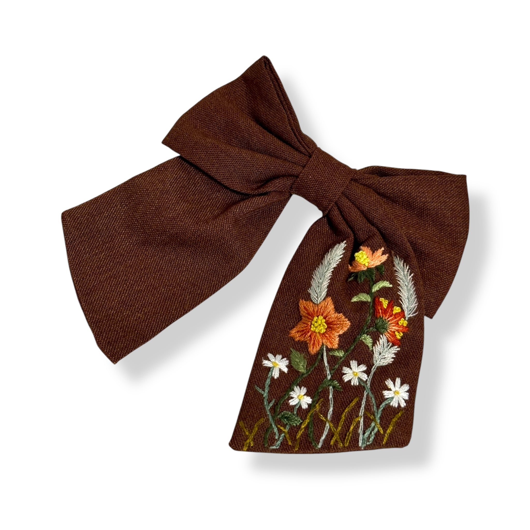 Autumn Brown Bloom Hand Embroidery Hair Bow Barrette