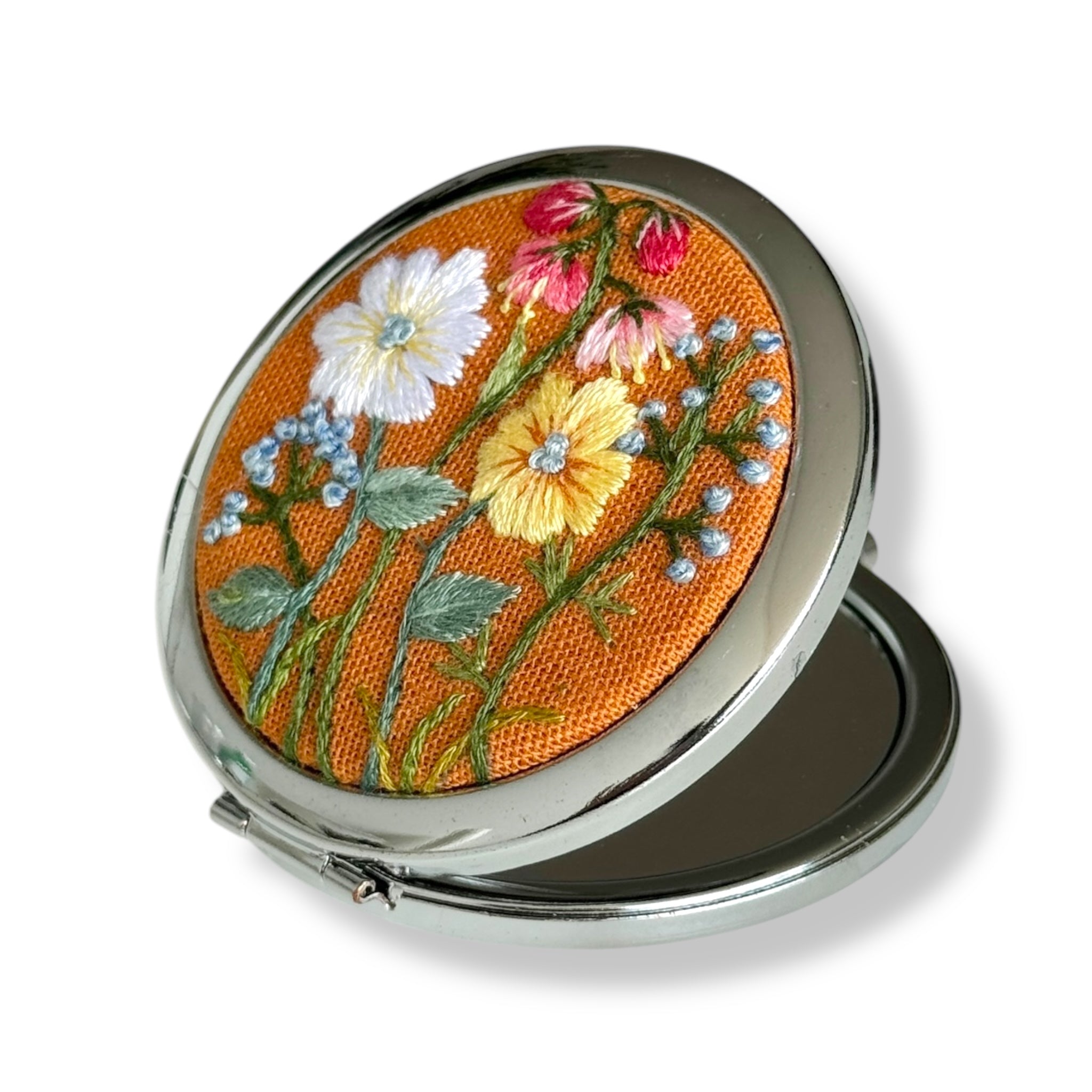 Orange Bloom Hand Embroidery Compact Mirror