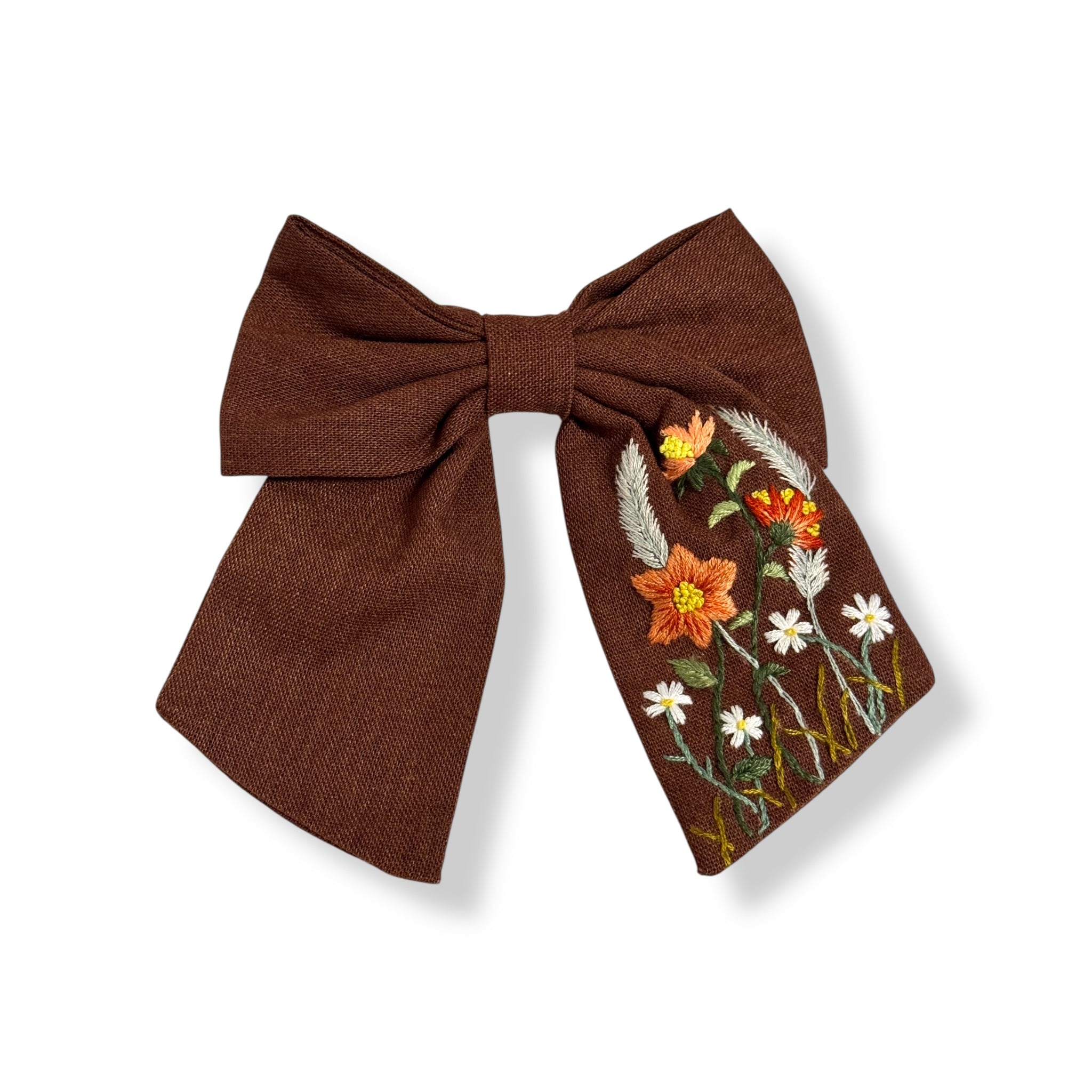 Autumn Brown Bloom Hand Embroidery Hair Bow Barrette