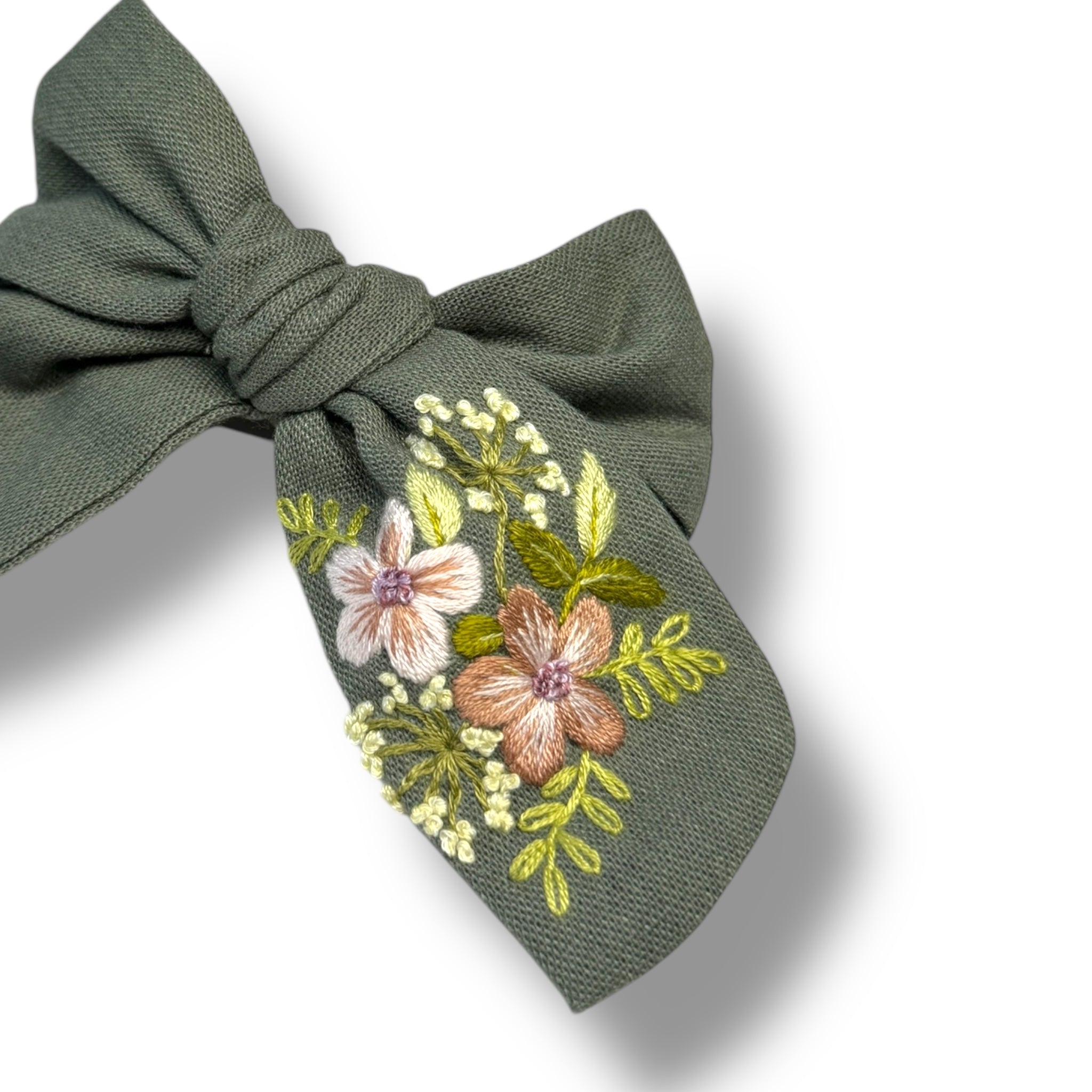 Olive Green Hand Embroidery Hair Bow